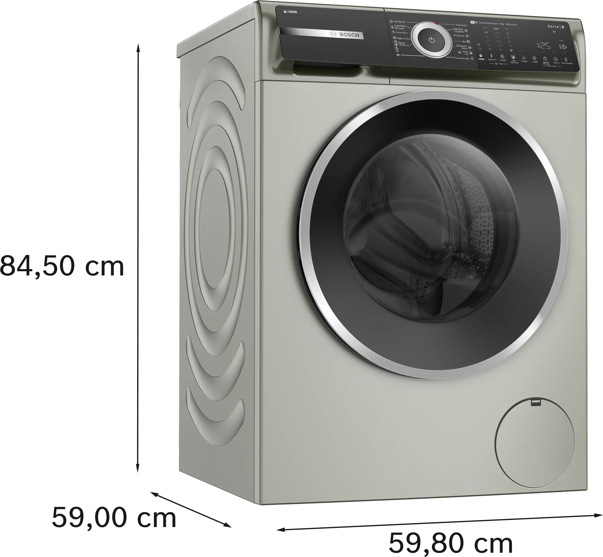 Pralka, jasnoszara, z etykietami wymiarów. Widok z boku pokazujący wymiary.