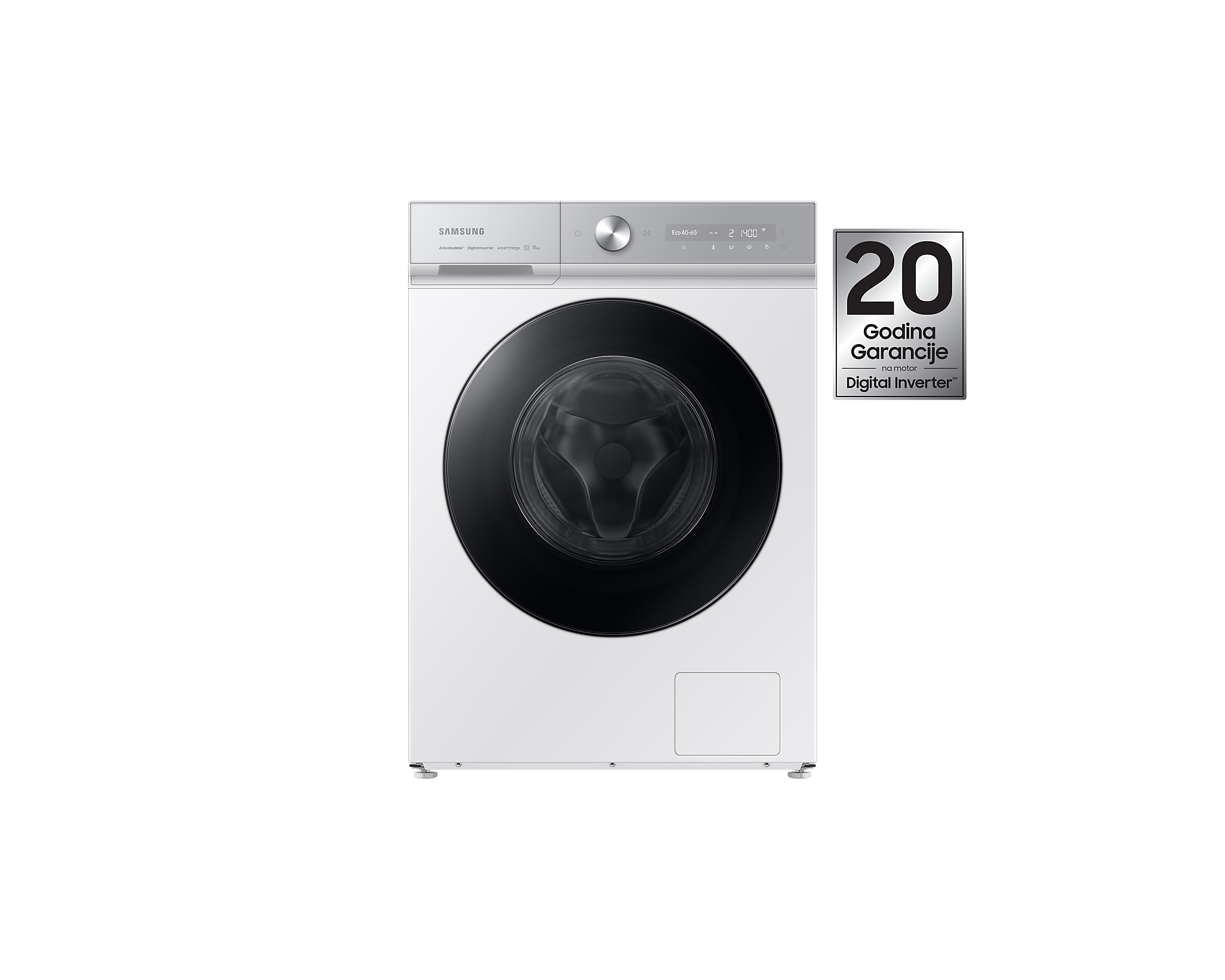 Witte Samsung wasmachine met een zwarte deur. Bedieningspaneel aan de bovenkant. Een garantie van 20 jaar wordt weergegeven.