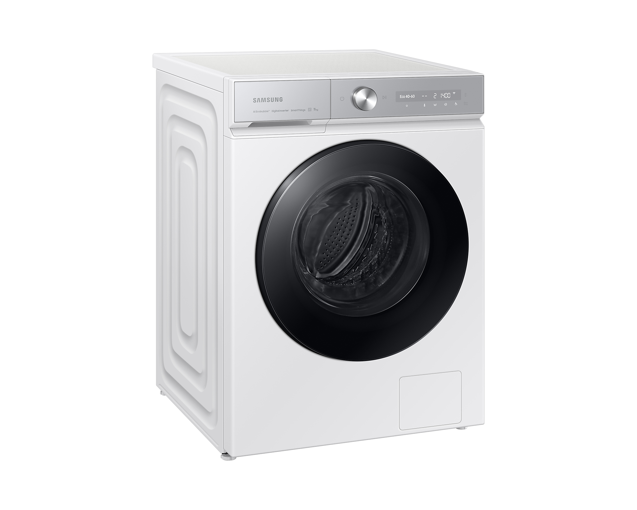 Witte wasmachine van Samsung. De machine is iets gekanteld.
