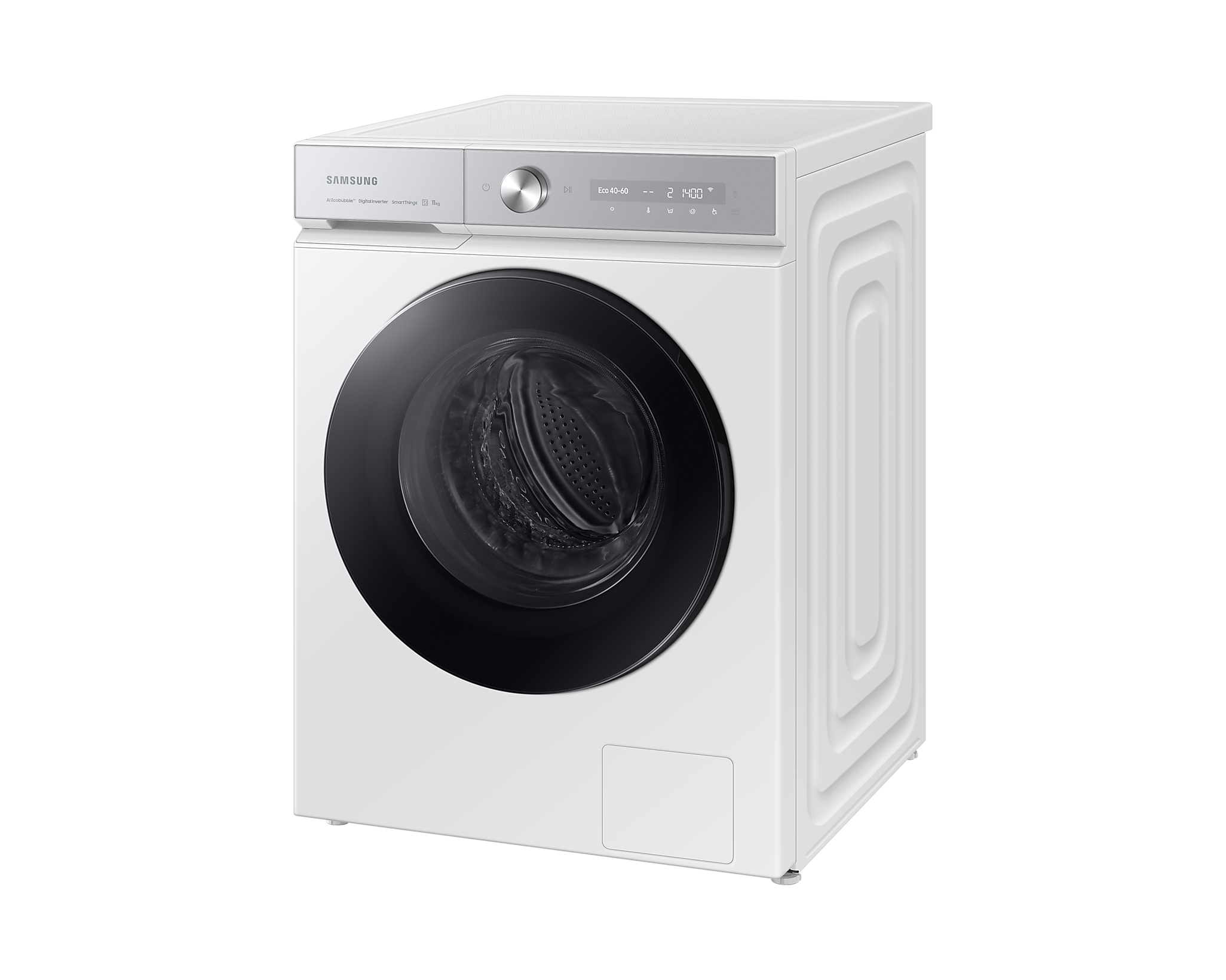 Witte wasmachine met bedieningselementen. Vooraanzicht van een witte wasmachine met bedieningspaneel.