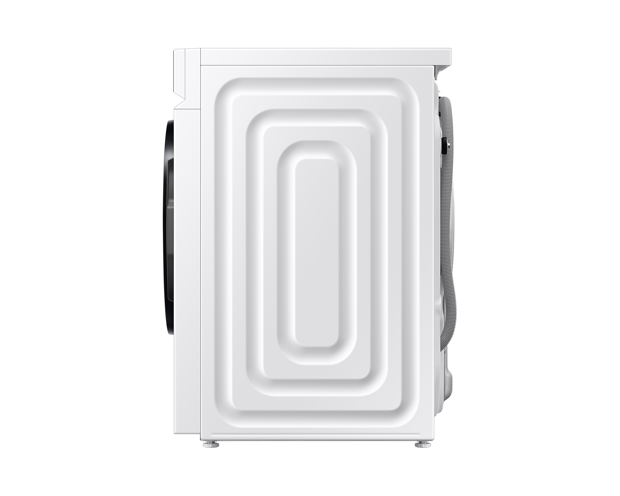 Achterkant witte wasmachine, met geribbeld rechthoekig ontwerp en waterslang.
