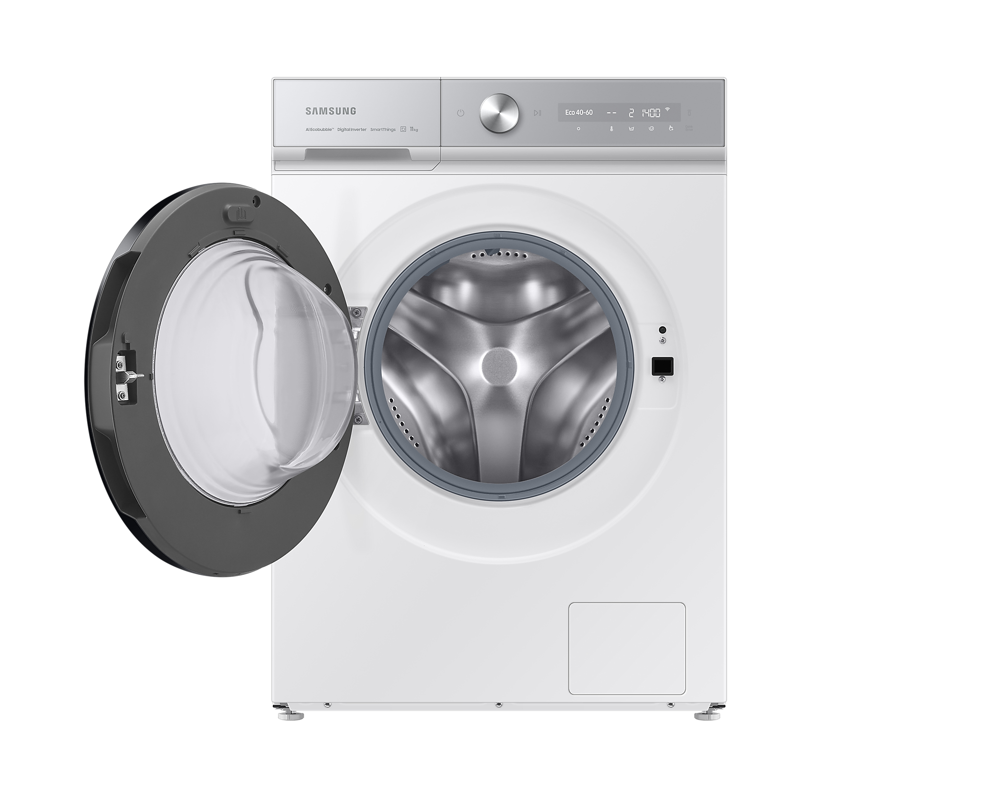 Witte Samsung wasmachine met open deur, trommel zichtbaar en digitaal display.