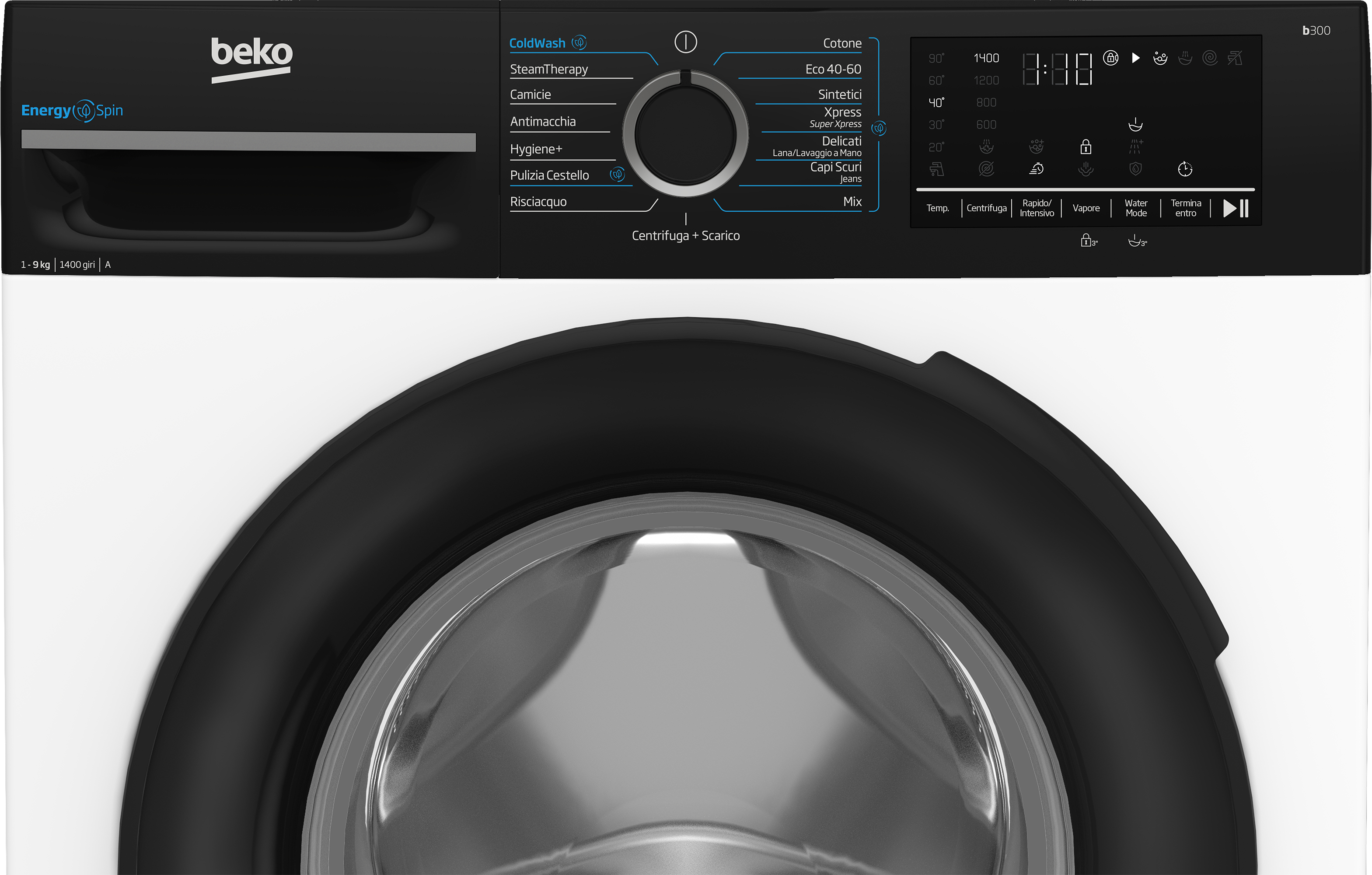 Primo piano del pannello di controllo e della porta della lavatrice Beko. Bianco e nero.