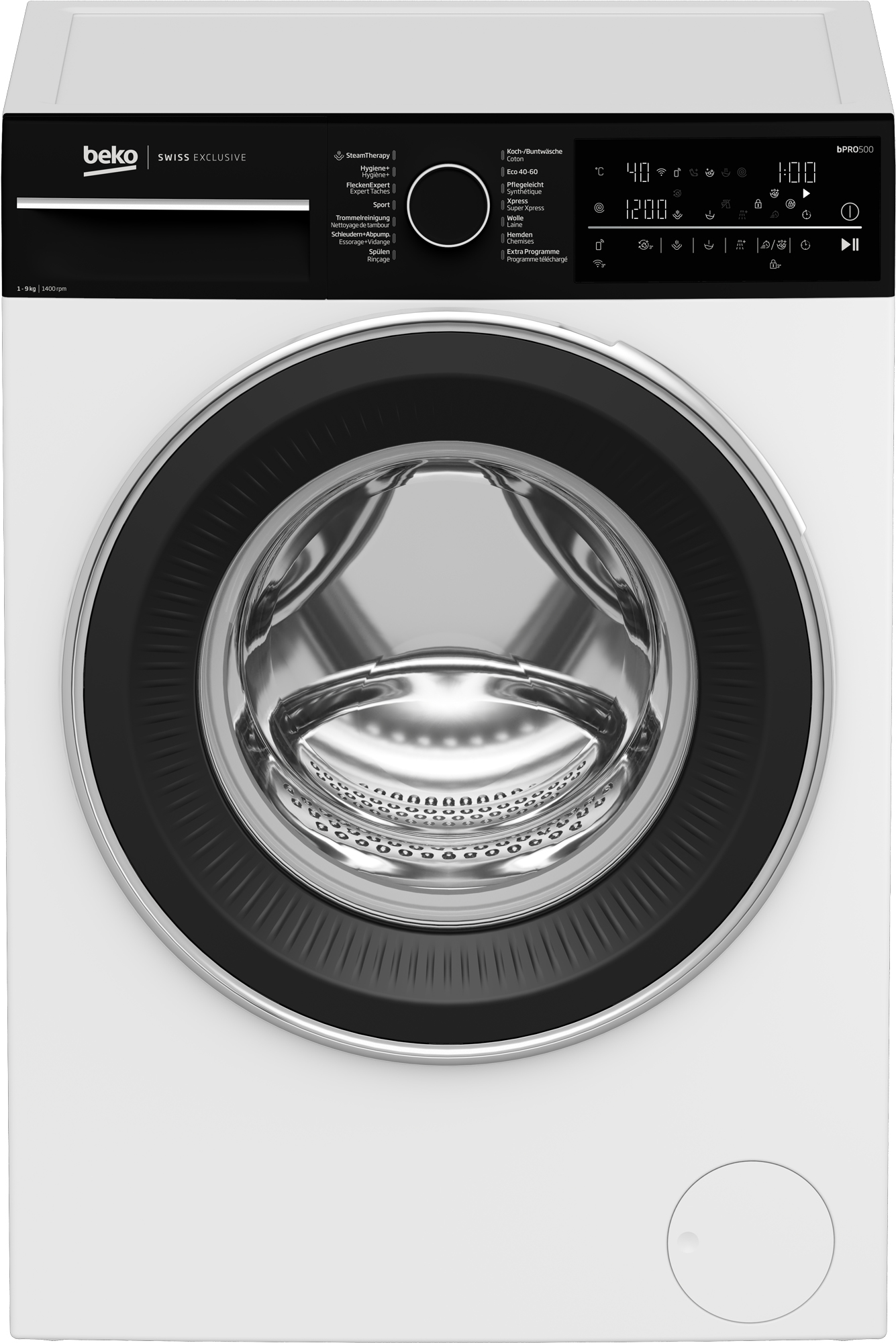 Lave-linge Beko blanc. Porte noire et panneau de commande avec différents réglages.