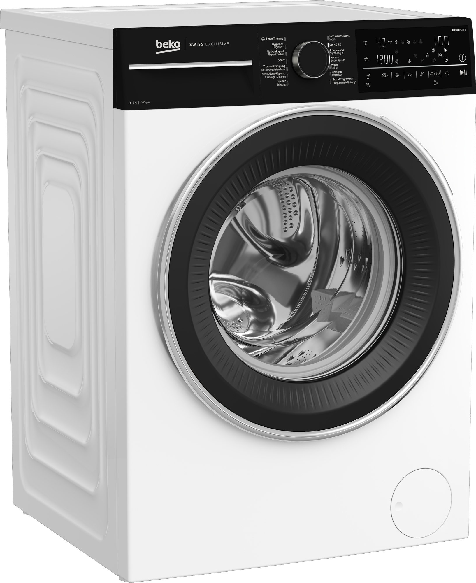 Un lave-linge blanc et noir, vu d'une perspective trois quarts. Il possède un panneau de contrôle.