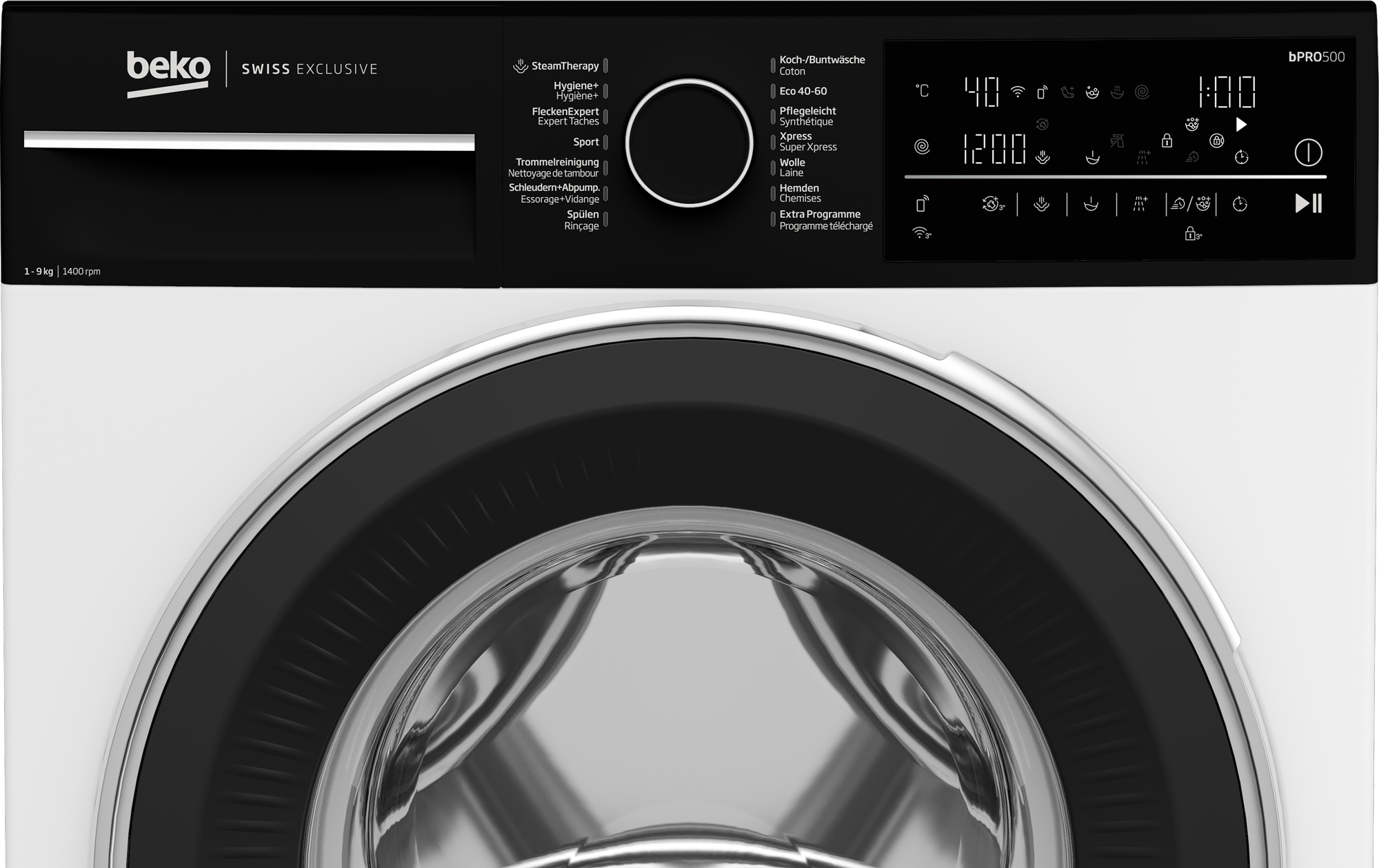 Lave-linge Beko, panneau noir, corps blanc. Commandes pour vapeur, Hygiene+ et programmes.