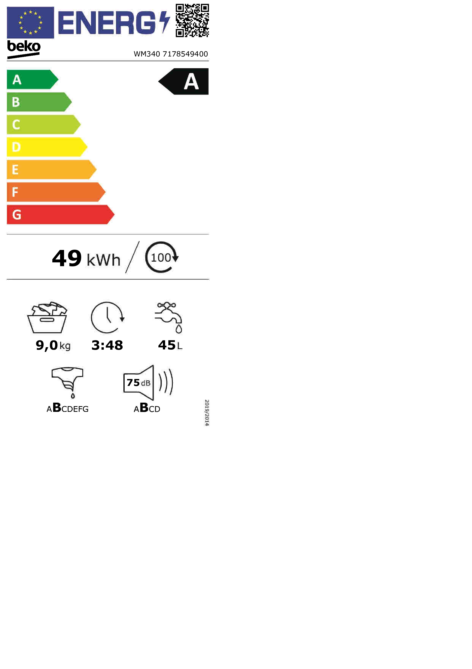 Étiquette énergétique pour lave-linge, diverses couleurs et données affichées.