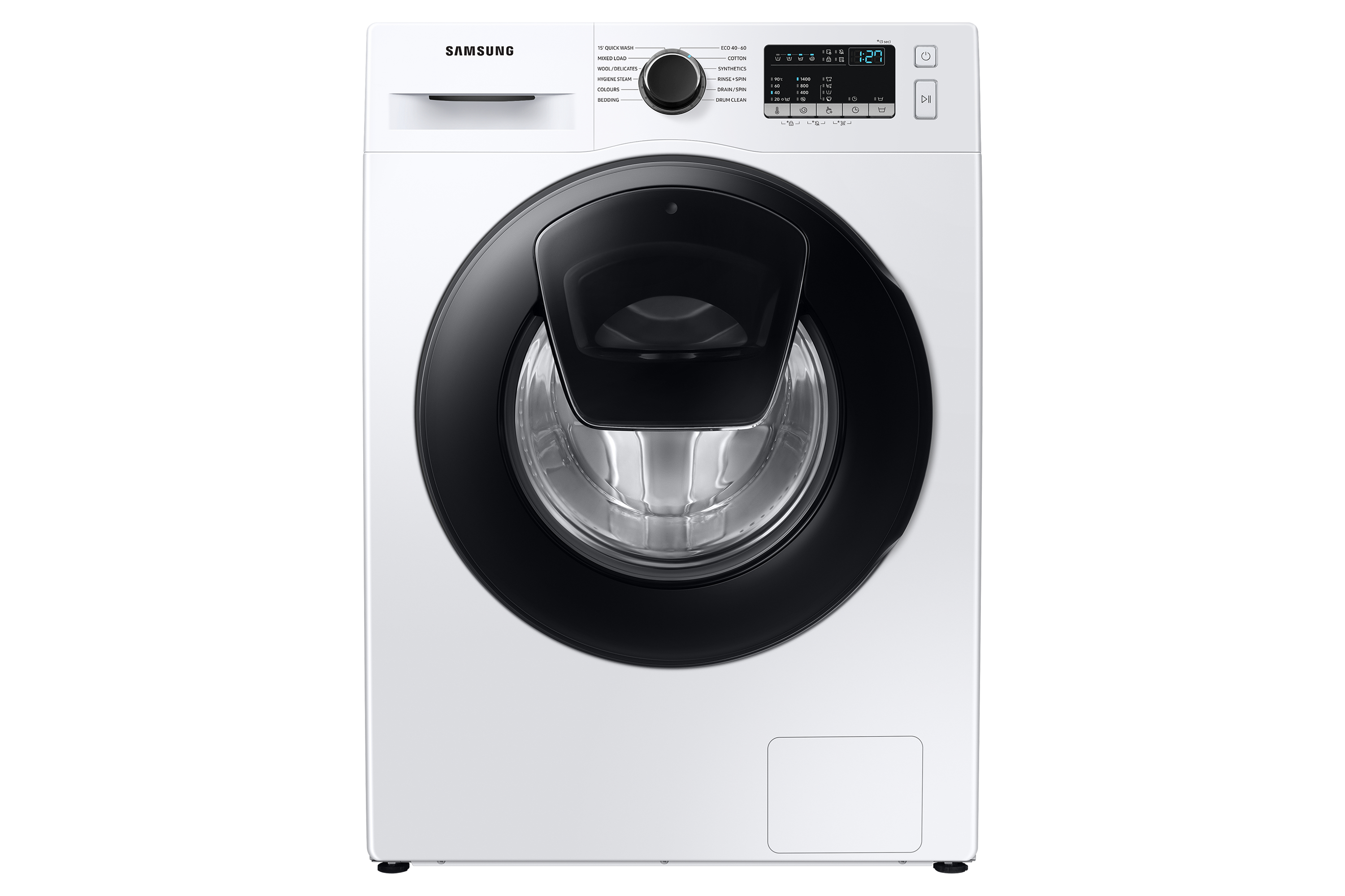 Witte Samsung wasmachine, vooraanzicht. Met zwarte deurrand en digitaal display.