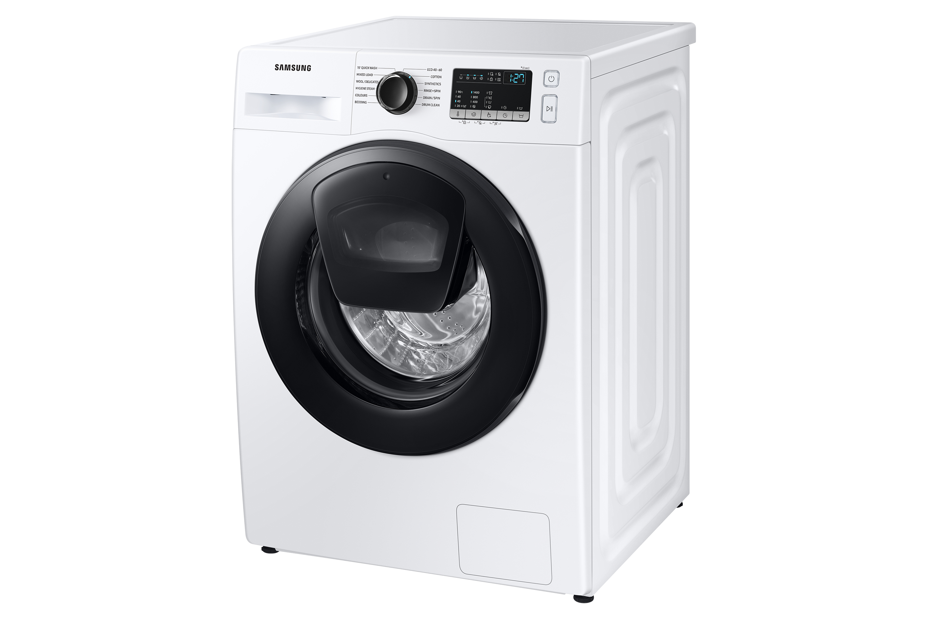 Witte Samsung wasmachine, schuine weergave. Het heeft een zwarte deur en bedieningspaneel.