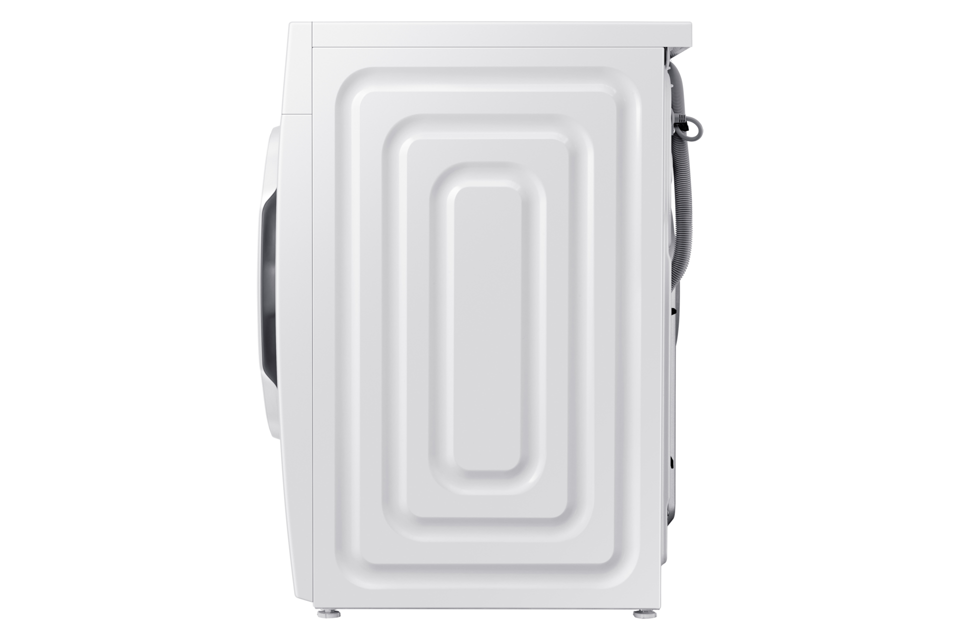 Vue latérale d'une machine à laver blanche avec un design rectangulaire et un dos courbé.