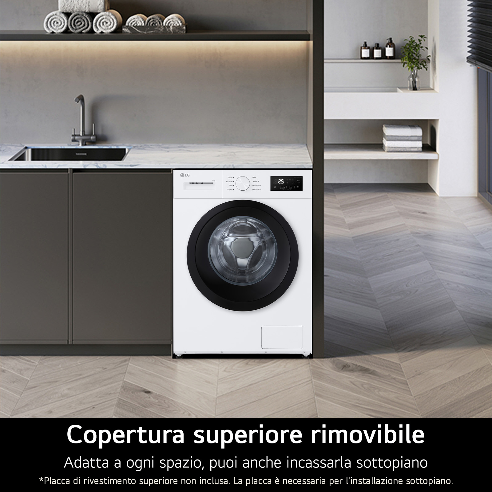 Lavatrice LG bianca in una stanza. Display digitale e porta nera. Testo in basso.