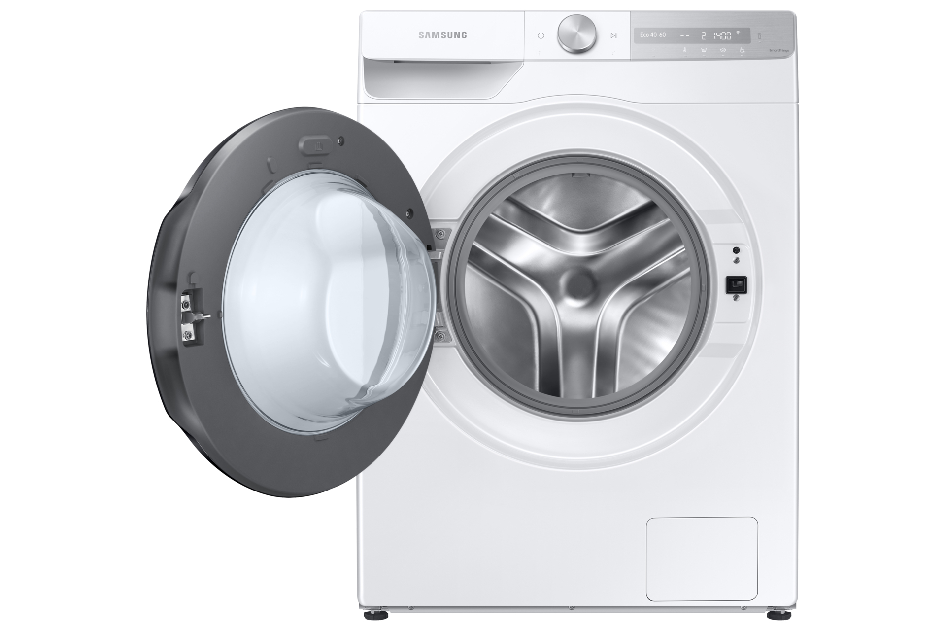 Lavadora Samsung blanca con la puerta abierta. El tambor es visible.