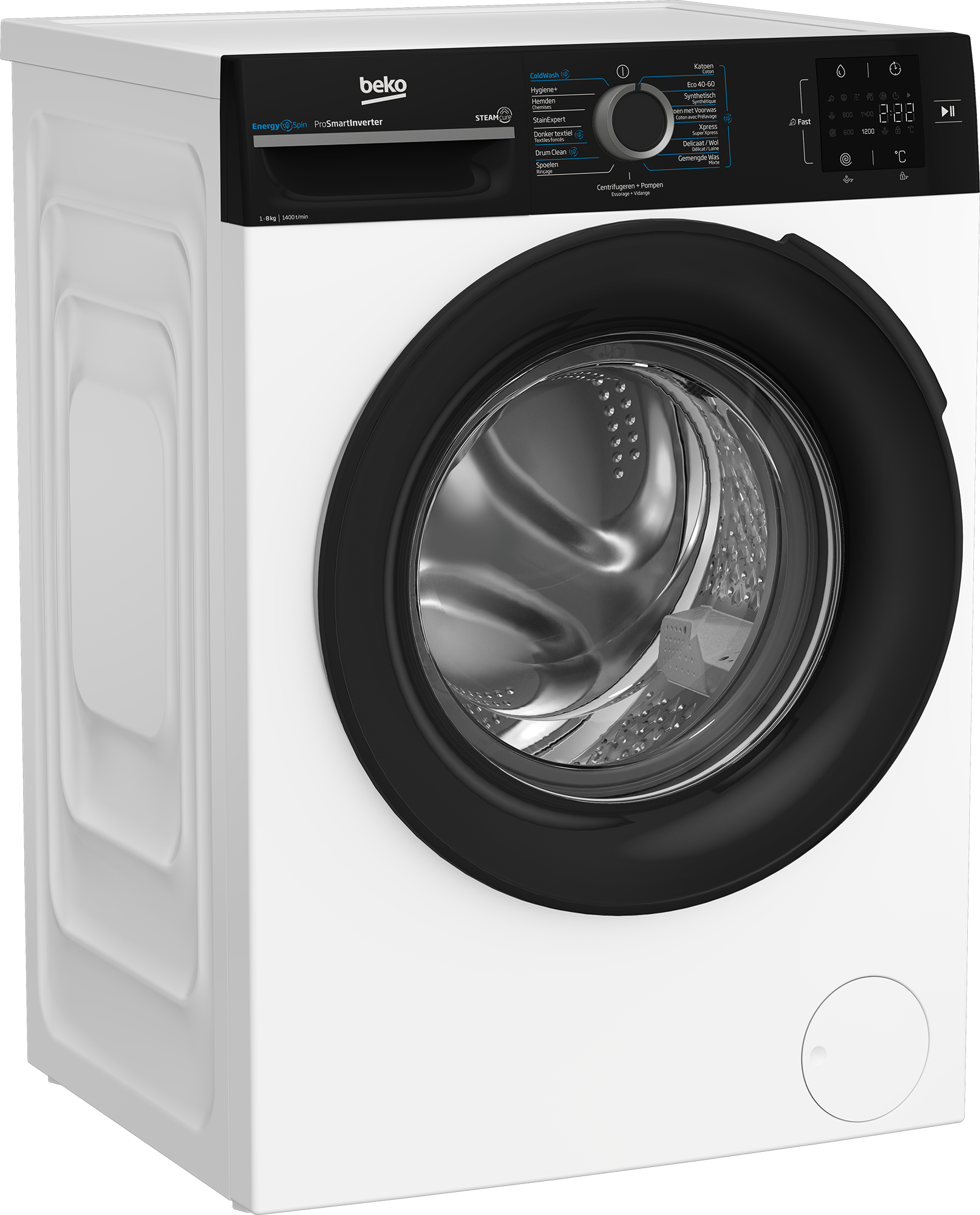 Lavatrice Beko bianca. Bordo porta e pannello comandi neri. Display digitale e quadrante visibili.