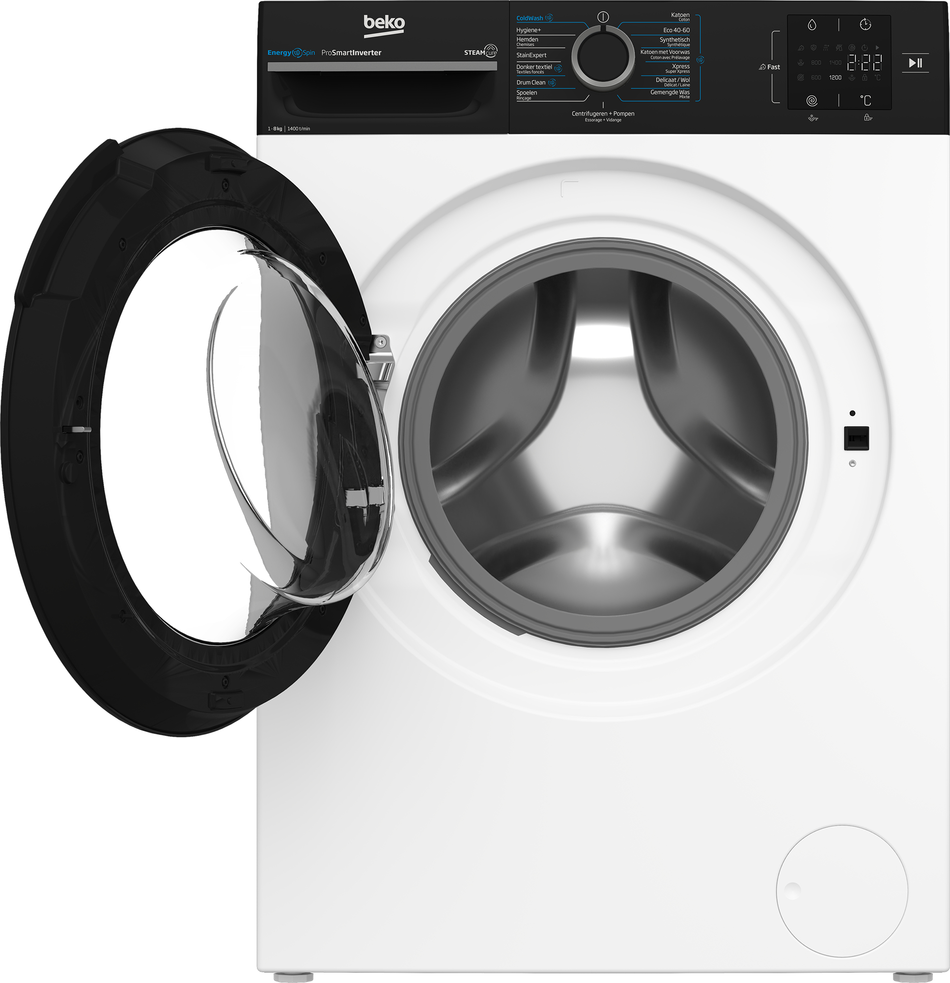 Lavatrice con porta aperta. Bianca, con telaio nero e pannello di controllo. Interno argentato.
