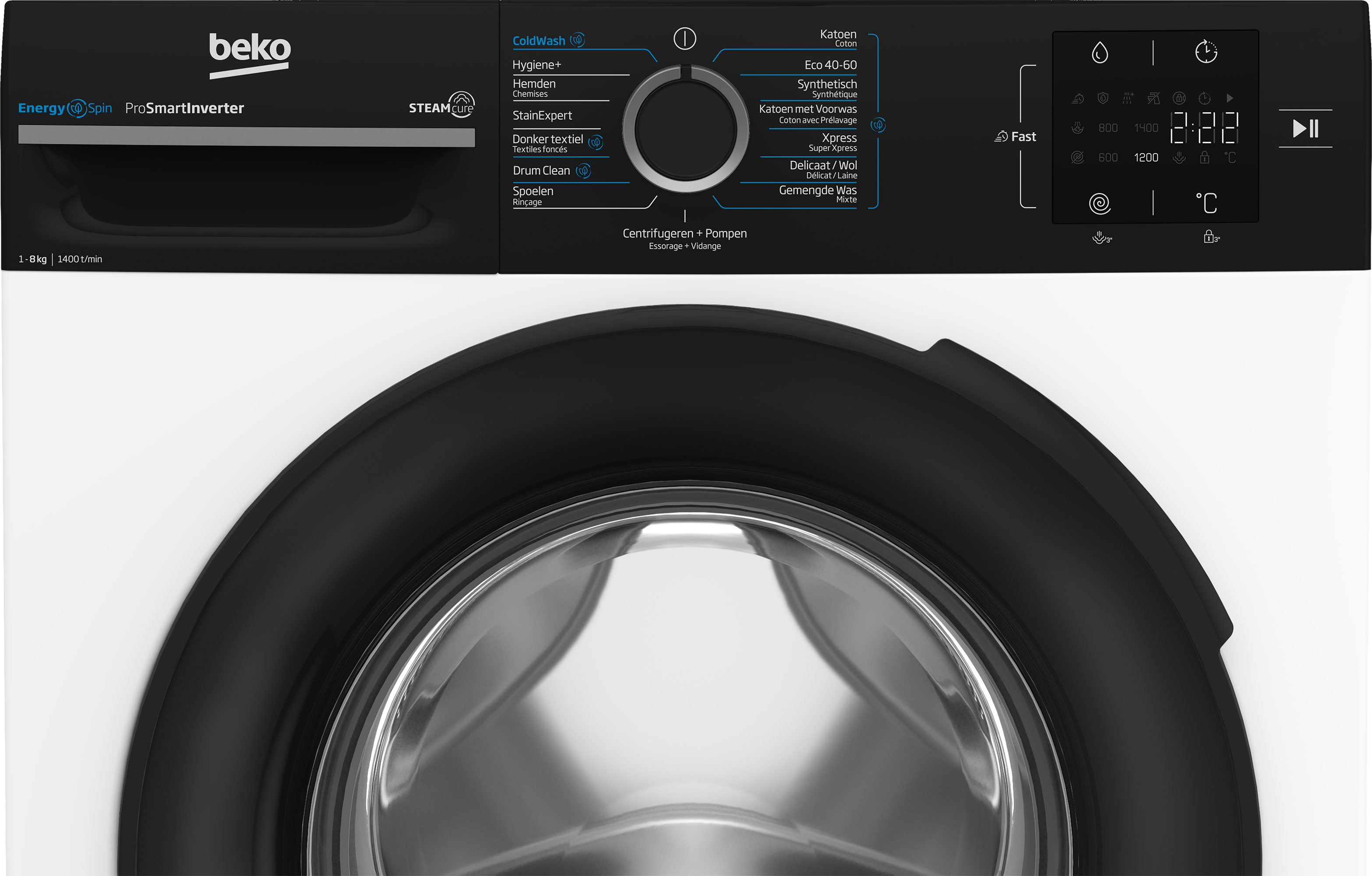 Lavatrice Beko nera, vista frontale. Comandi in alto, apertura del cestello nera. Design bianco e nero.