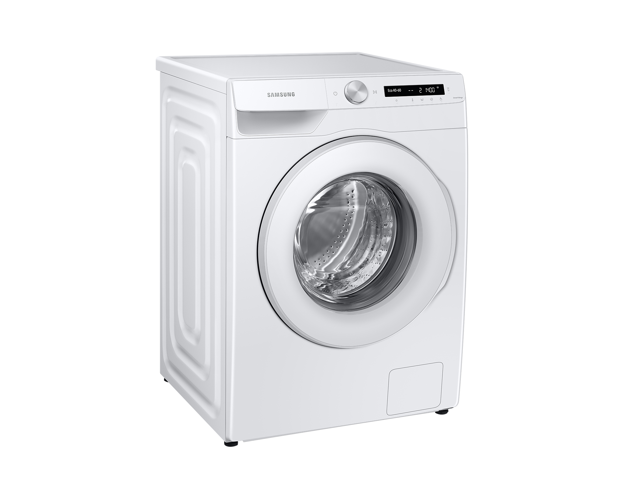 White Samsung washing machine. It is front-loading with a digital display and control dial.
