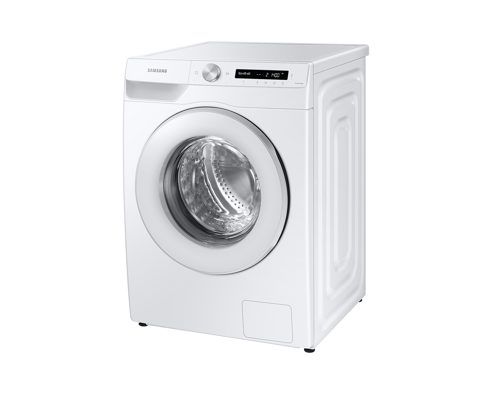 White Samsung washing machine, front view. Control panel and door in the center. Isolated on white.
