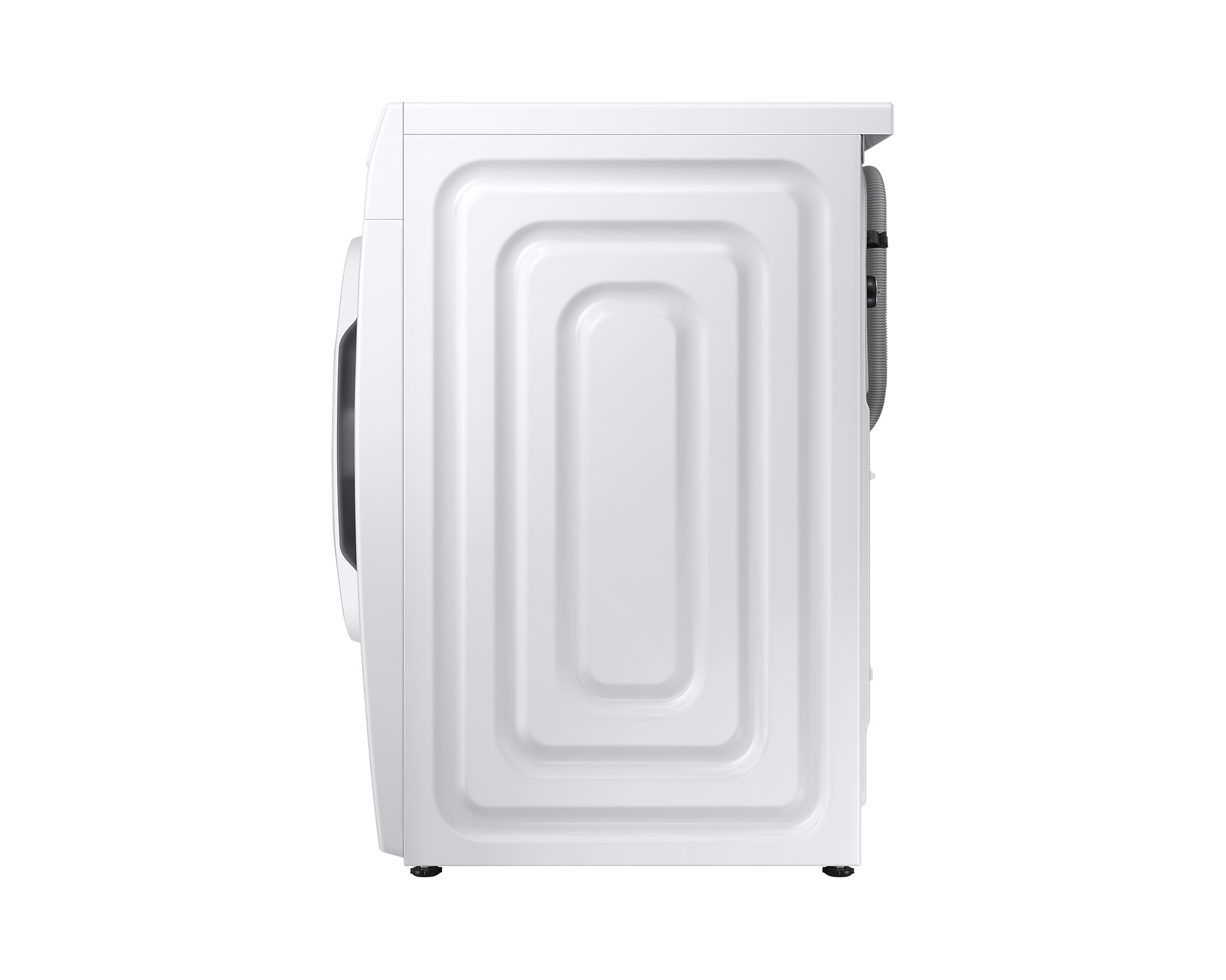 A white Samsung washing machine from the side, showing the back panel.