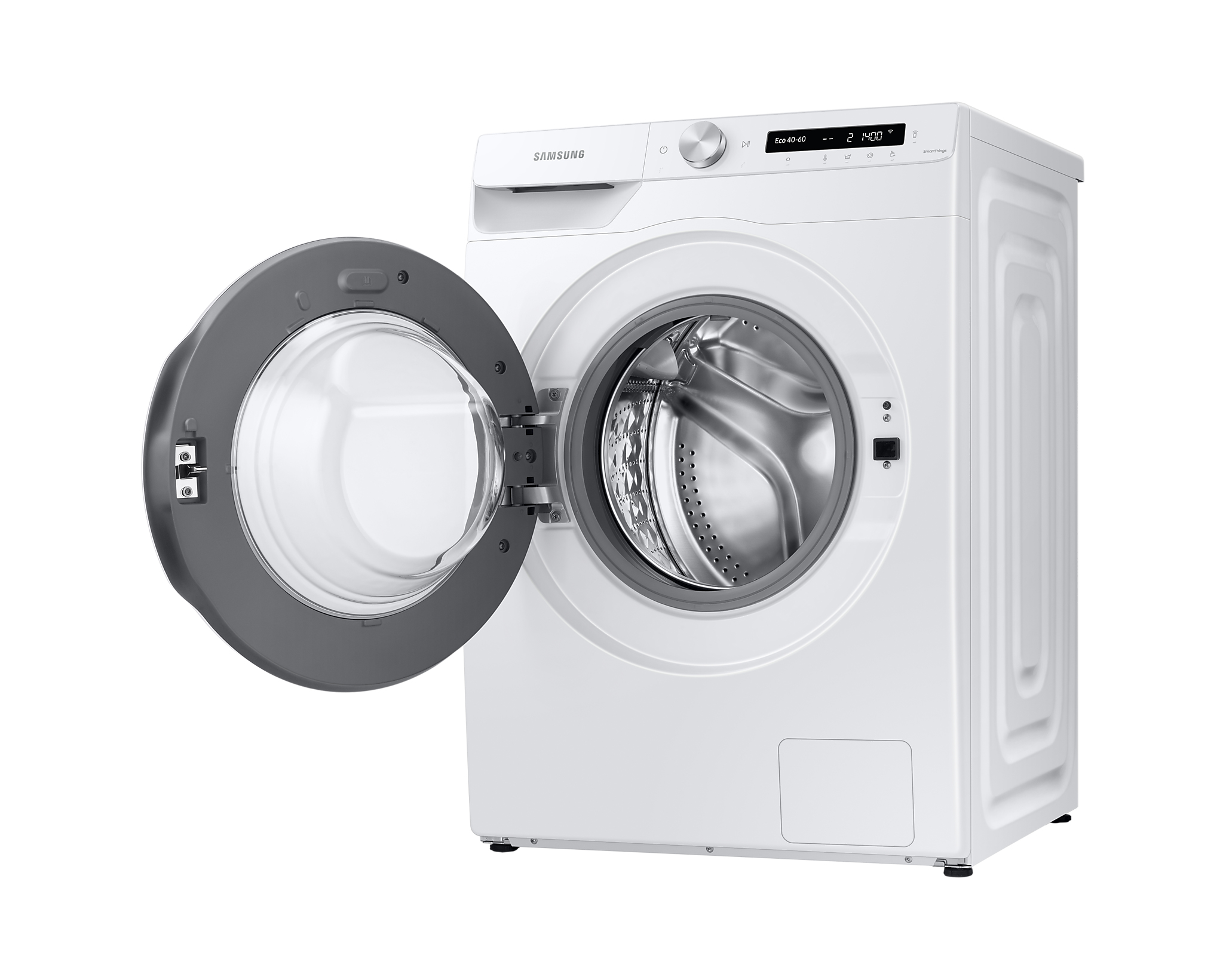 White Samsung washing machine with an open door, showing the drum and control panel.
