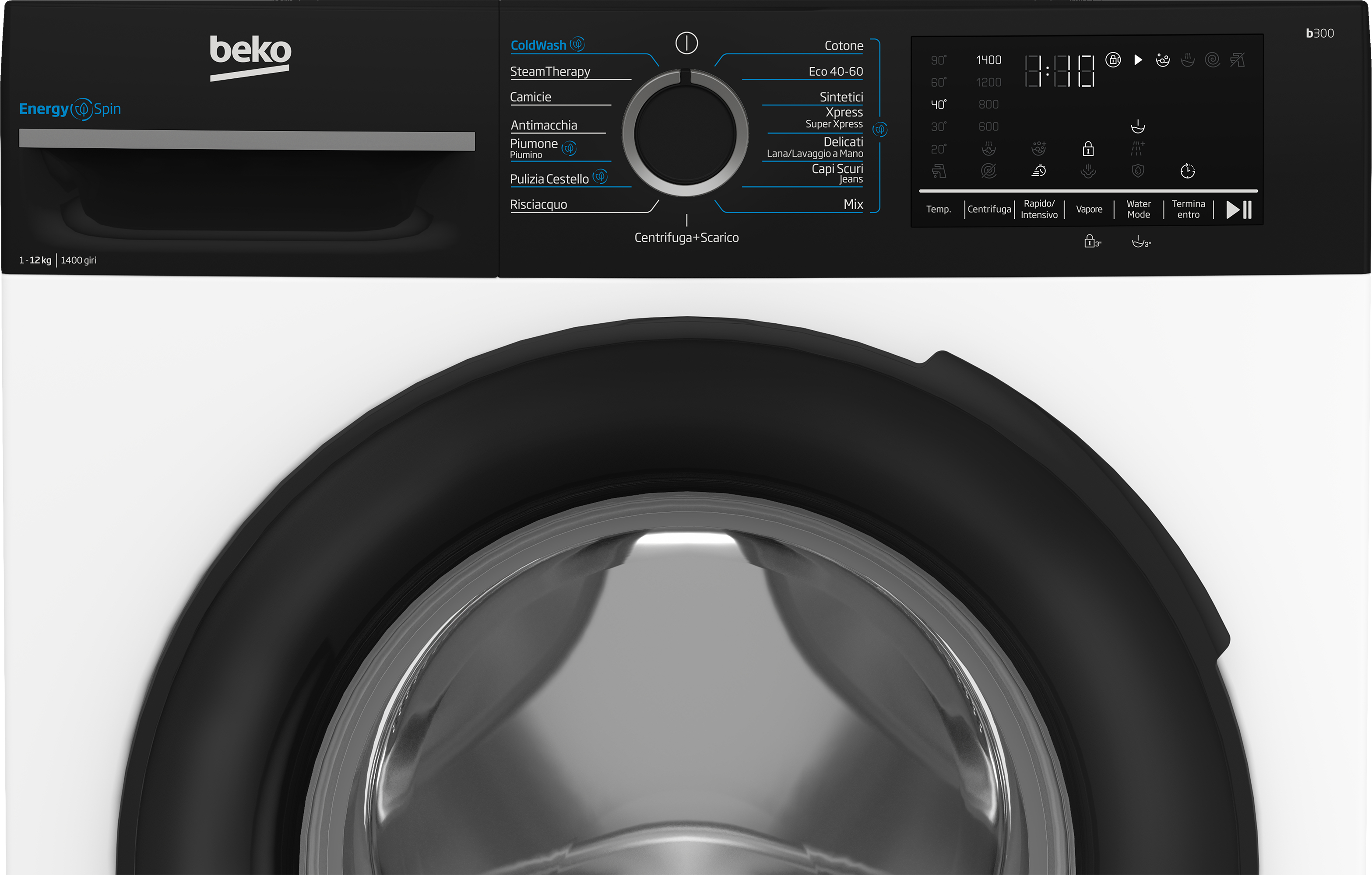 Dettaglio lavatrice Beko. Pannello di controllo nero con varie impostazioni del programma di lavaggio.