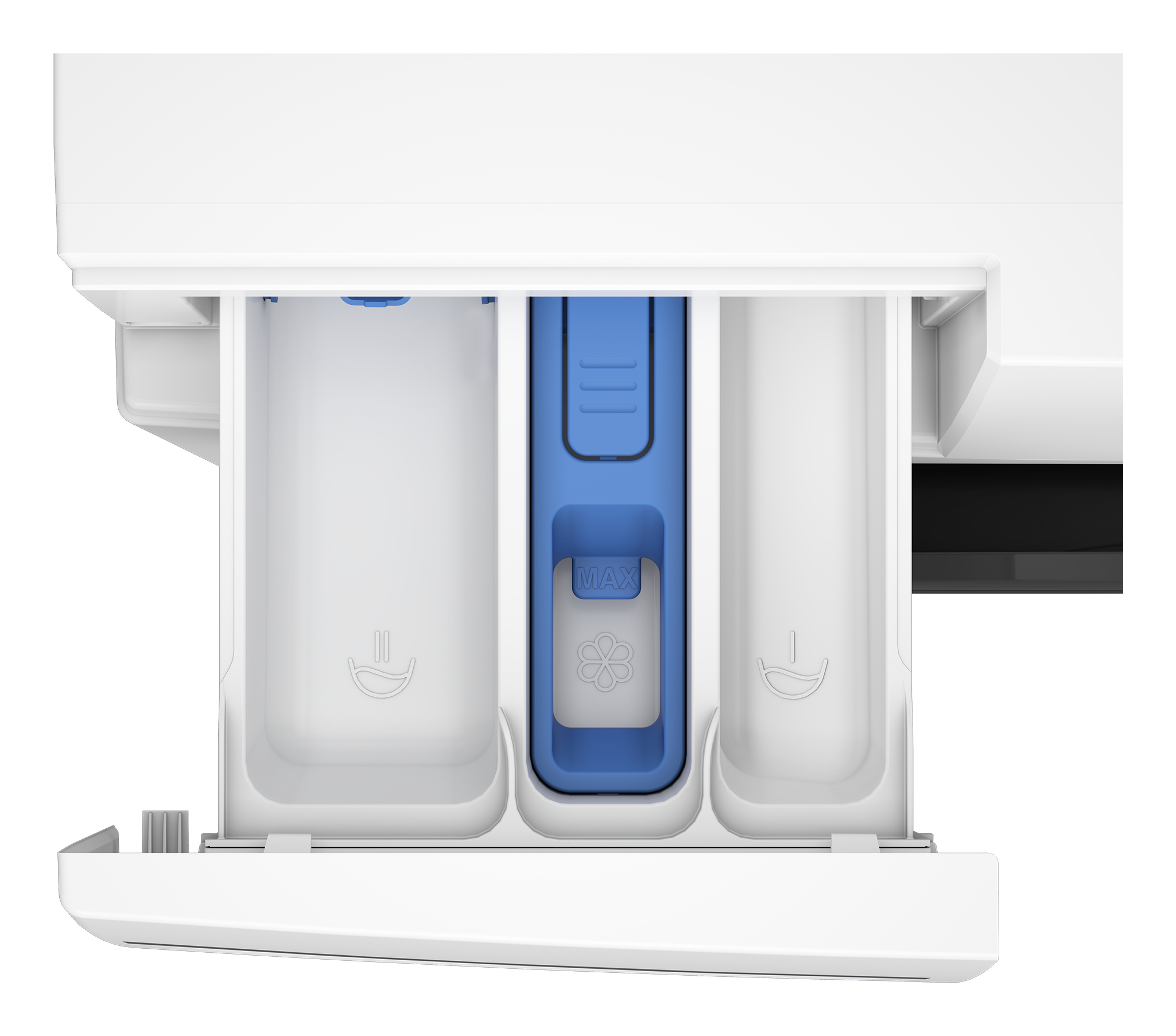 Zbliżenie białej szuflady na detergent do pralki z trzema przegródkami.