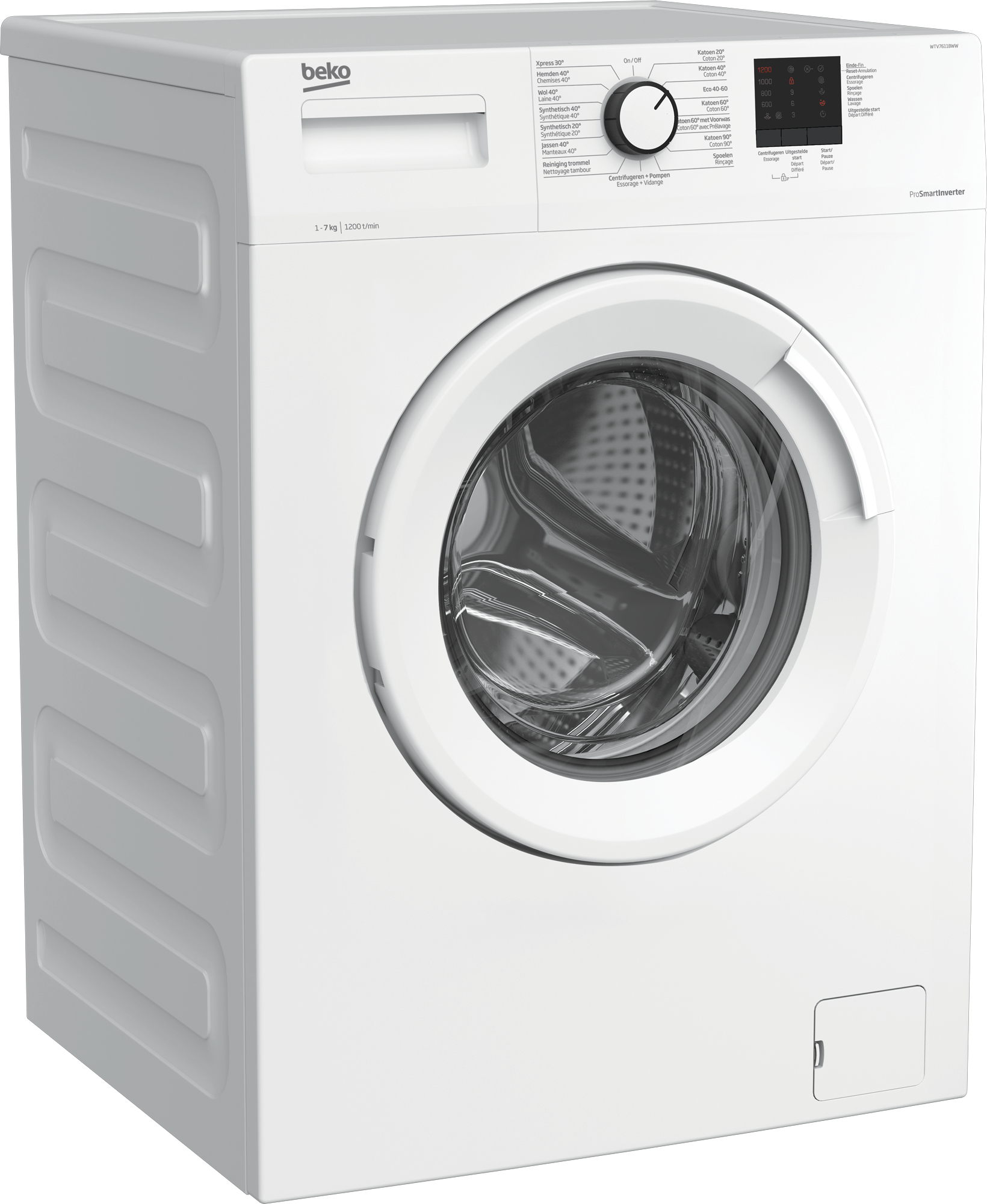 Lavatrice Beko bianca. Comandi in alto, con porta rotonda. Isolato su sfondo bianco.