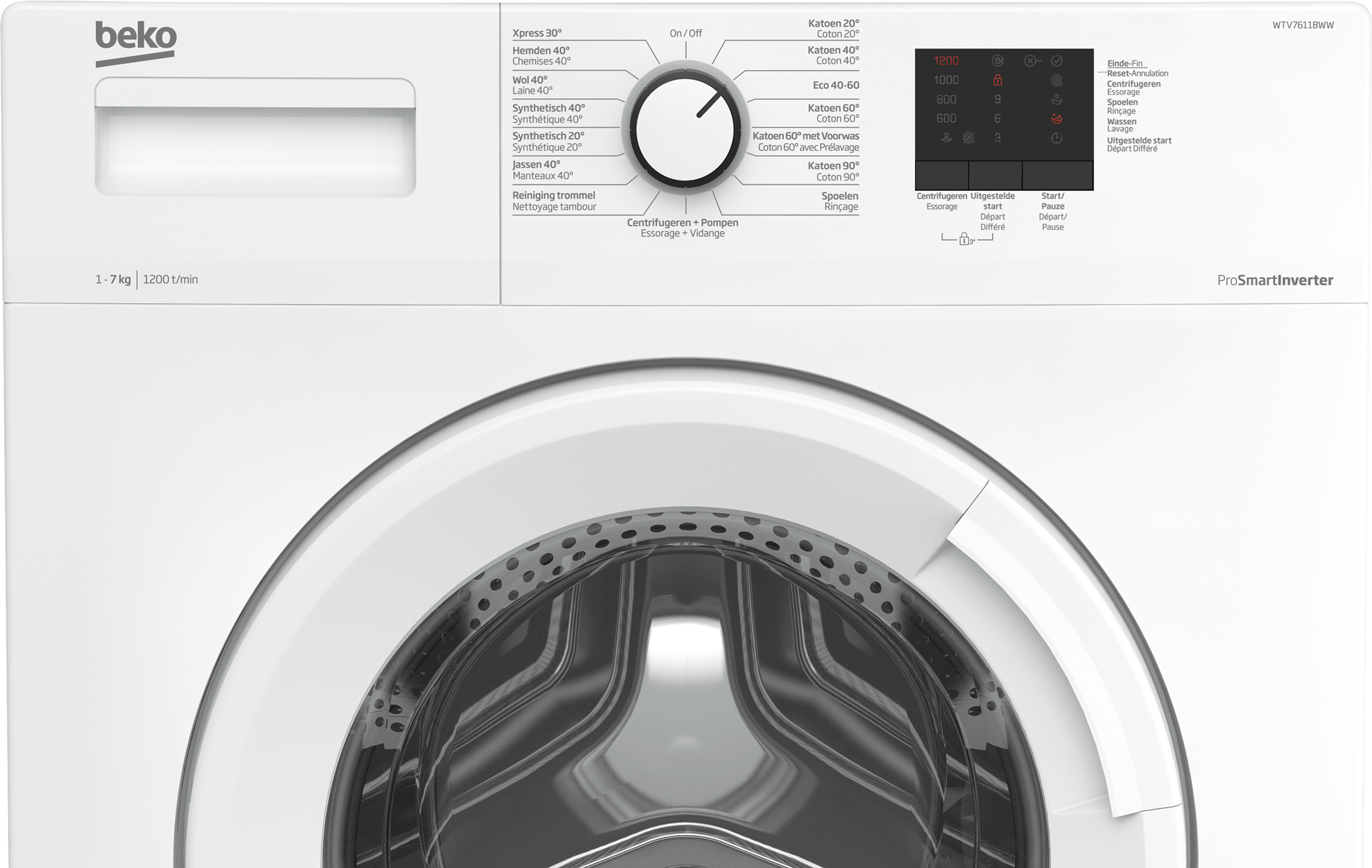 Lavatrice Beko bianca con porta rotonda. Pannello comandi e maniglia visibili.