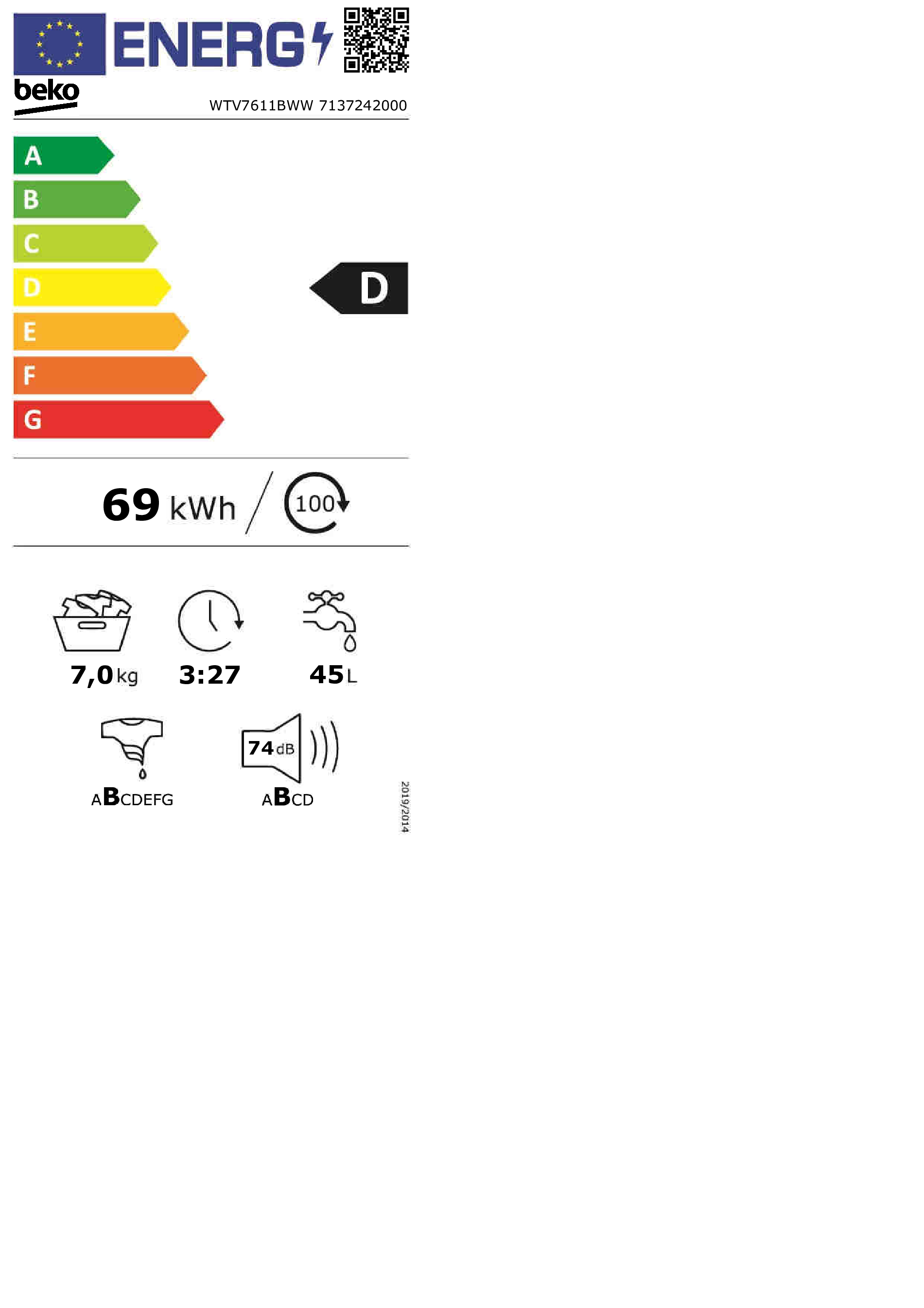 Etichetta energetica per lavatrice Beko, mostra i dettagli sull'efficienza.