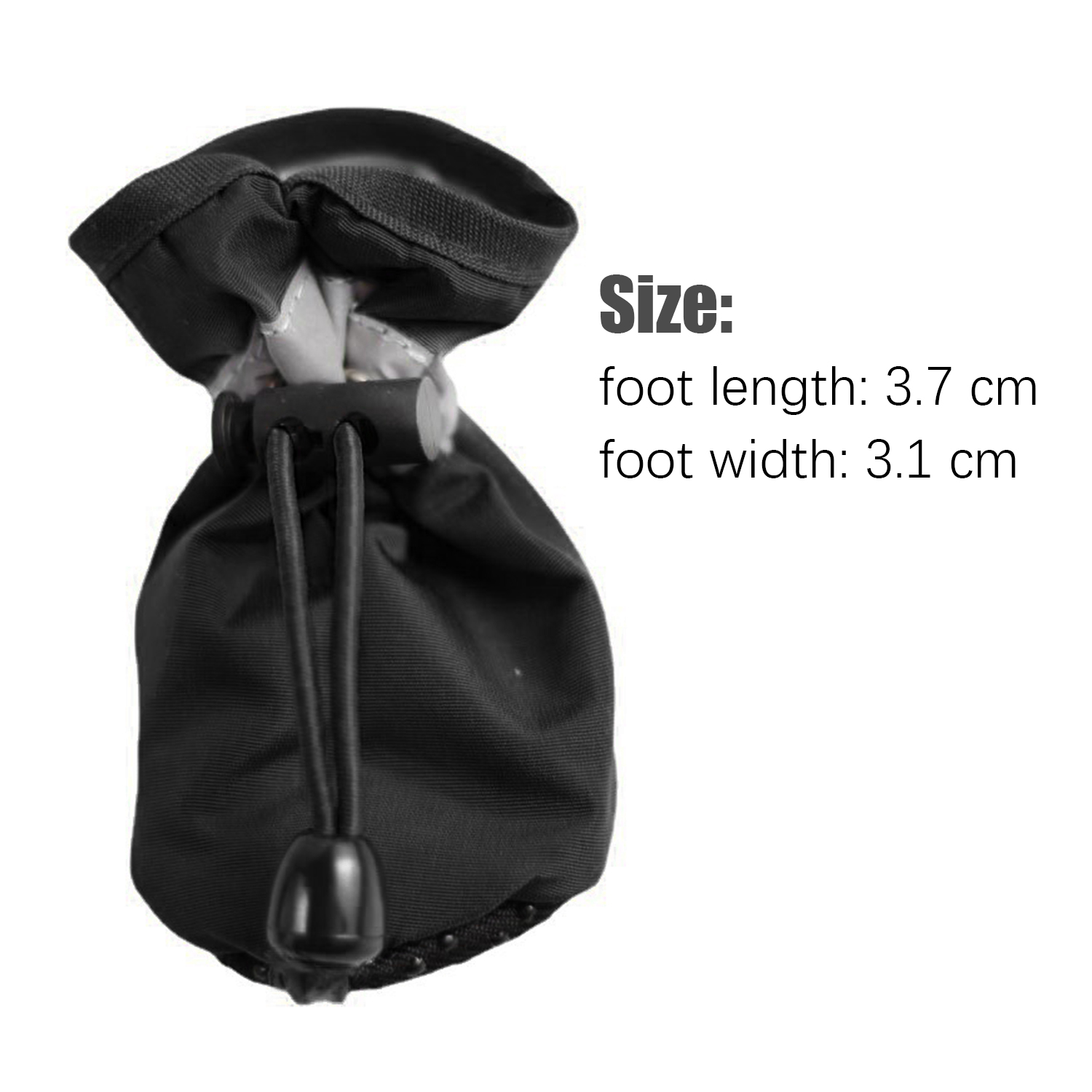 Ein schwarzer Tier-Schuh mit Kordelzug. Größenangabe: 3,7 cm Fußlänge, 3,1 cm Fußbreite.
