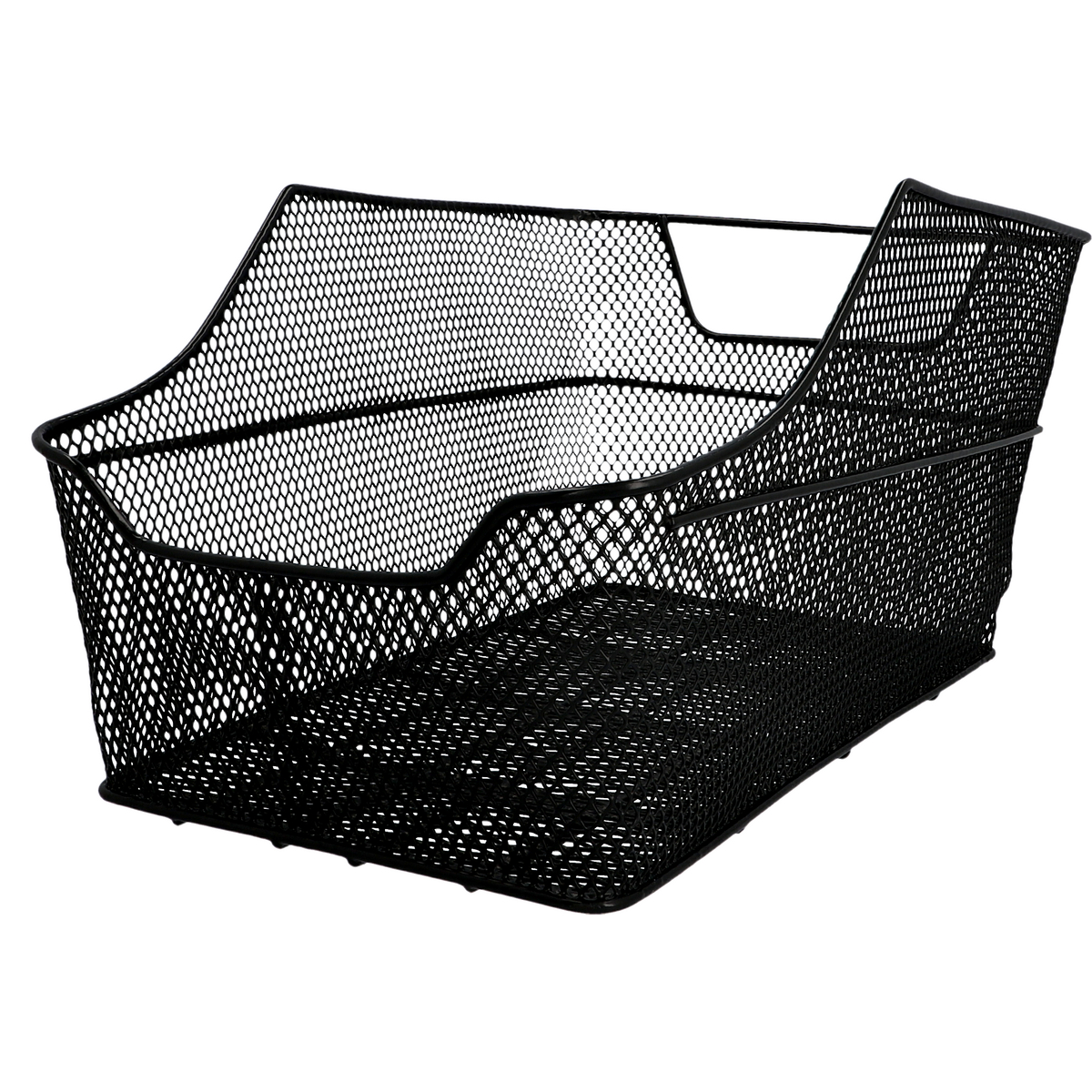 Czarny druciany kosz rowerowy, z zakrzywionym przodem i otwartą konstrukcją.