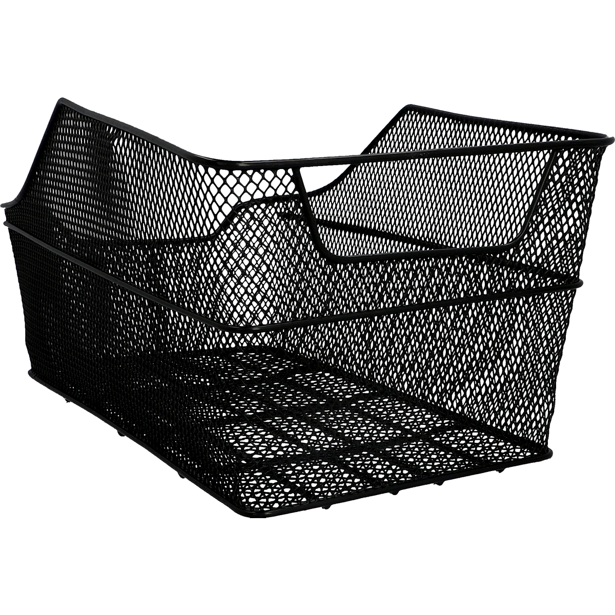 Czarny druciany kosz rowerowy, z zakrzywionym przodem i otwartą konstrukcją.