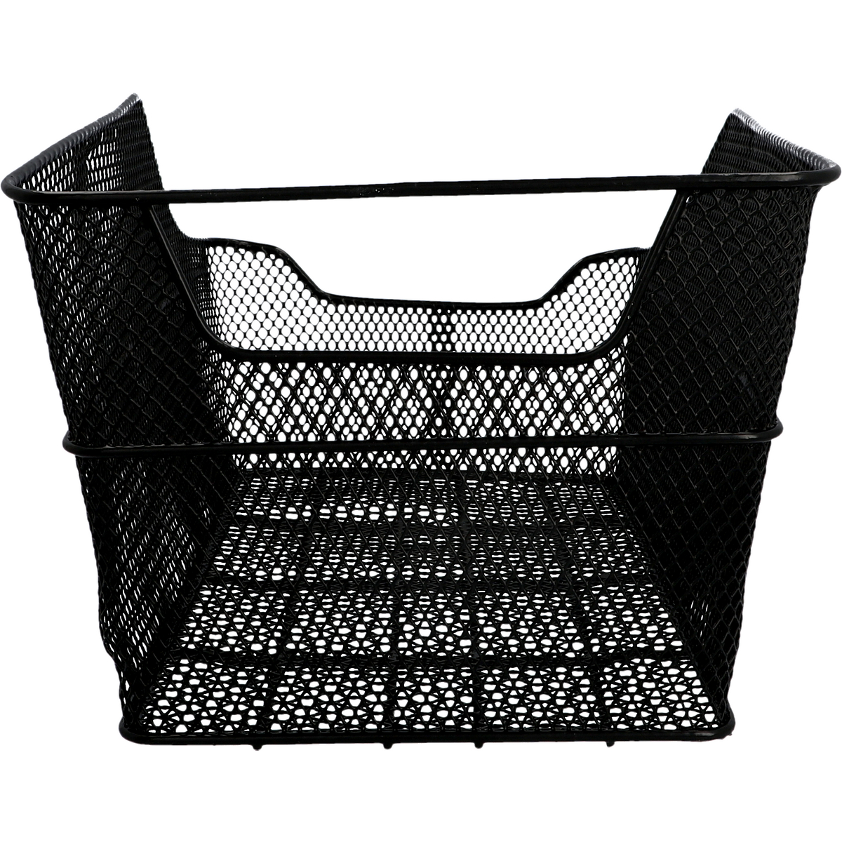 Czarny druciany kosz rowerowy, z zakrzywionym przodem i otwartą konstrukcją.