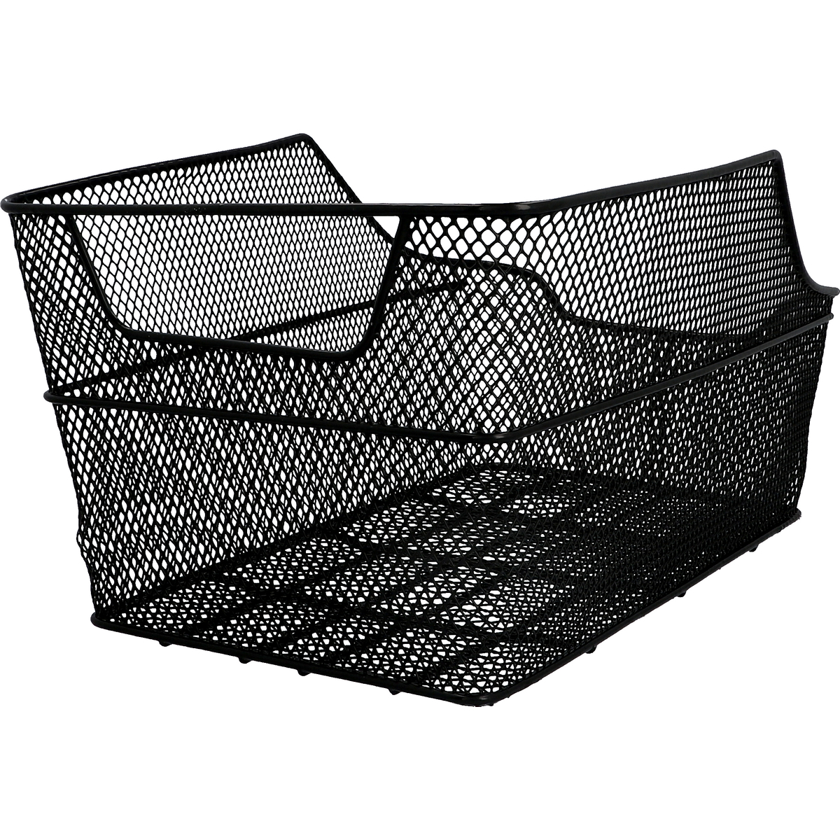 Czarny druciany kosz rowerowy, z zakrzywionym przodem i otwartą konstrukcją.