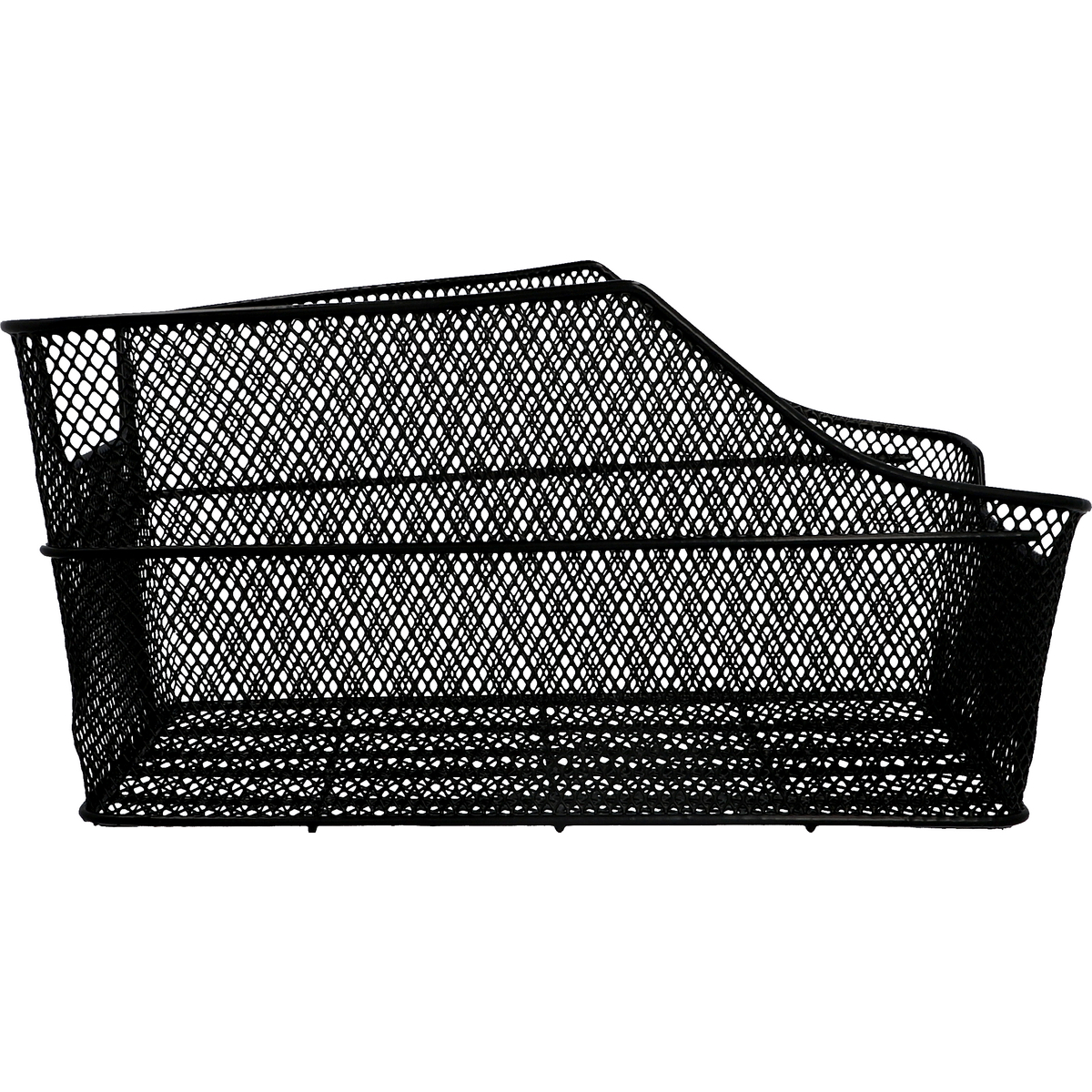 Czarny druciany kosz rowerowy, z zakrzywionym przodem i otwartą konstrukcją.