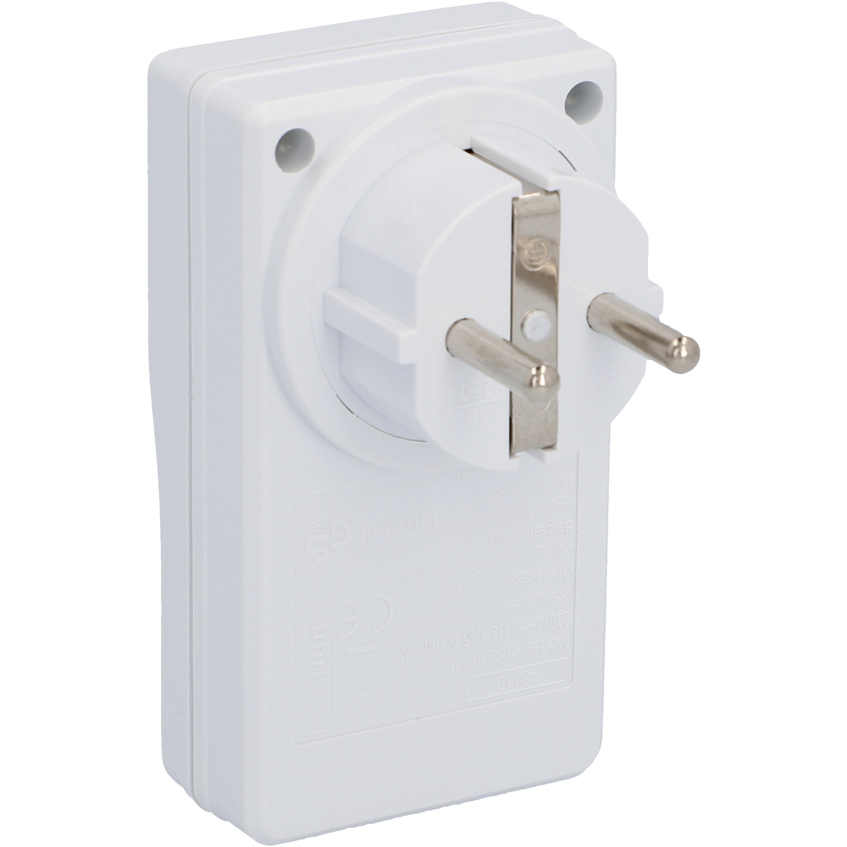 Ein weißer elektrischer Steckeradapter mit zwei Stiften, Schrägansicht.