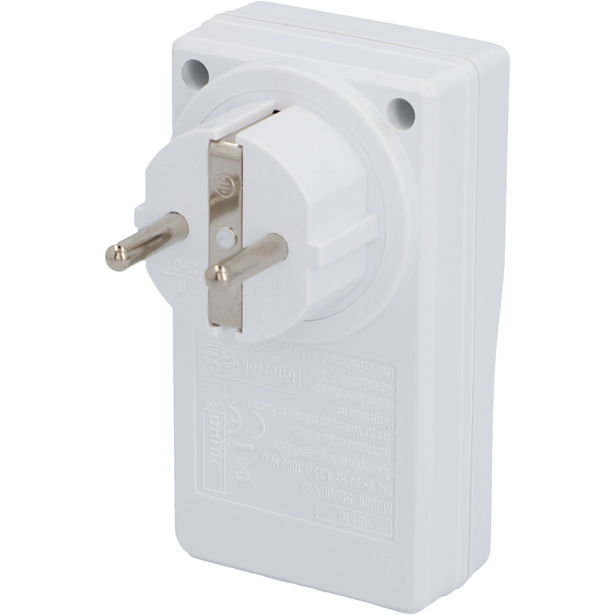 Weißer Steckeradapter mit zwei Stiften und einem Dreipolstecker.