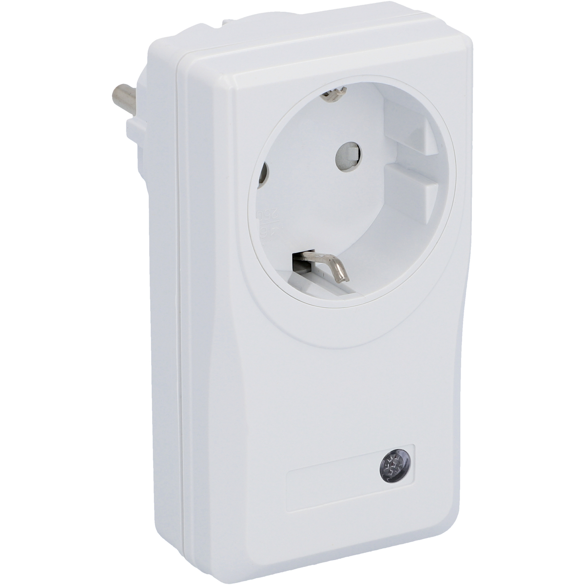 Weißer Steckdosenadapter mit Stecker und einzelner Steckdose.