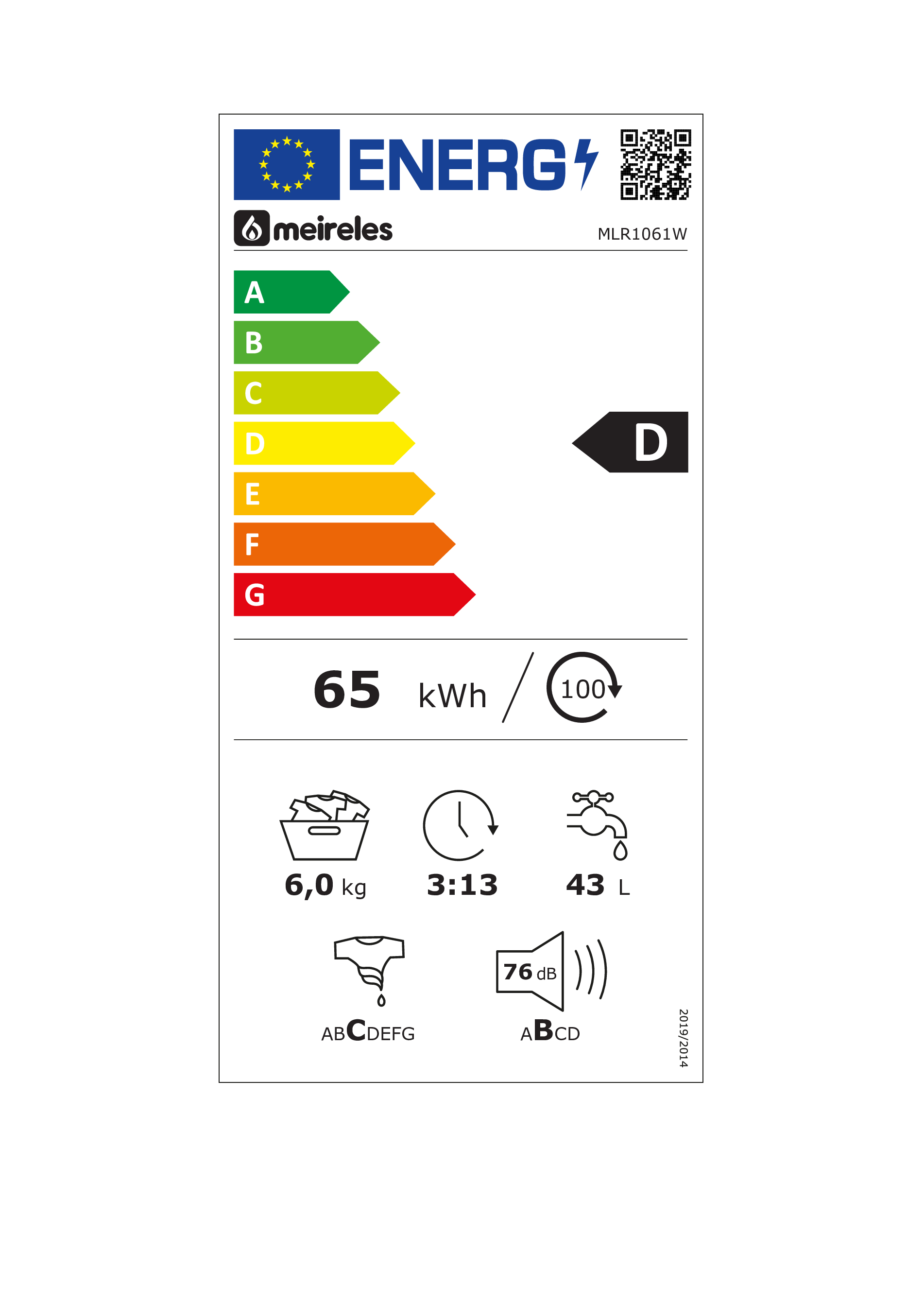 Etiqueta energética de lavadora. Muestra eficiencia energética, consumo de agua y especificaciones.