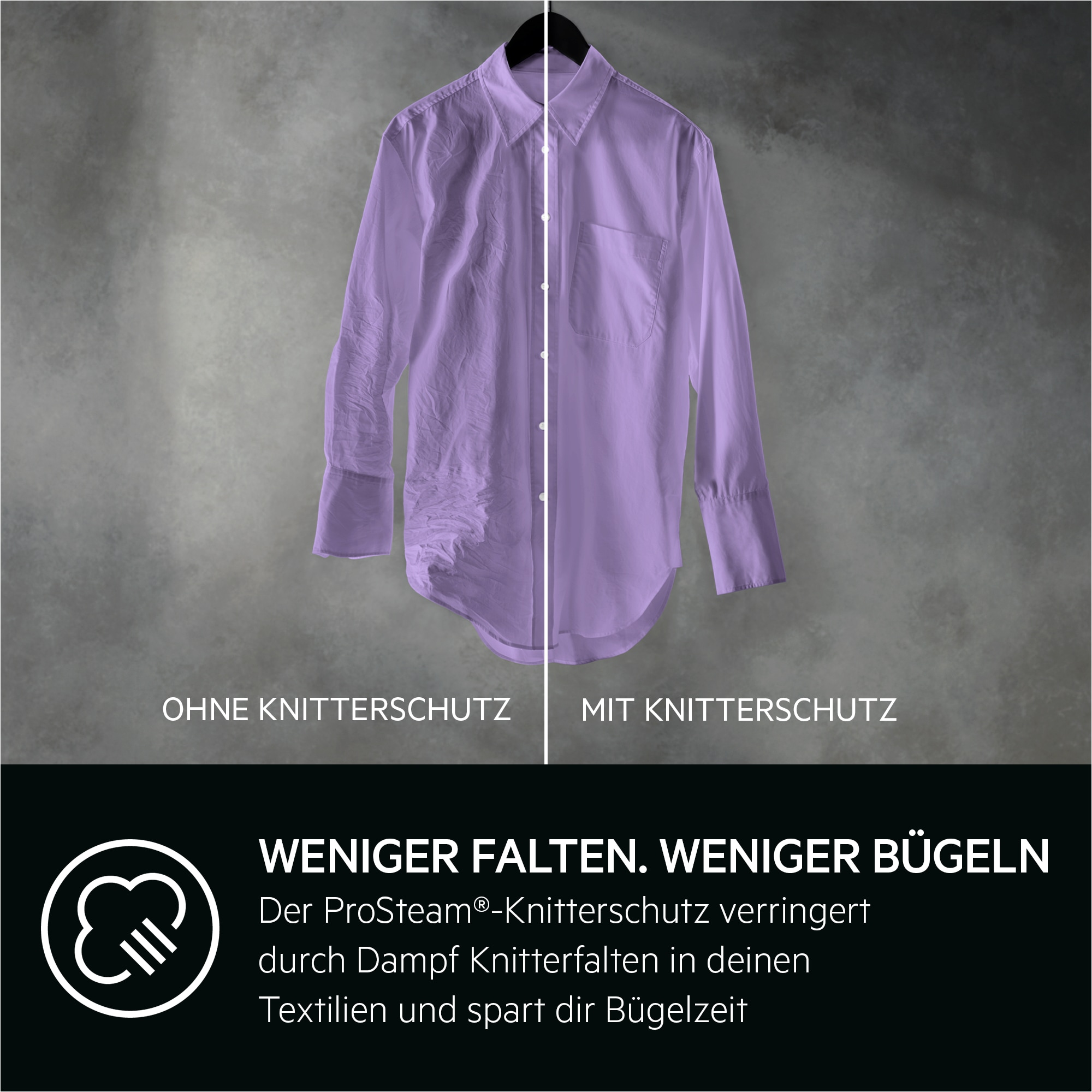 Hemd-Hälften. Links: zerknittert. Rechts: glatt. Text: weniger Falten, bügeln.