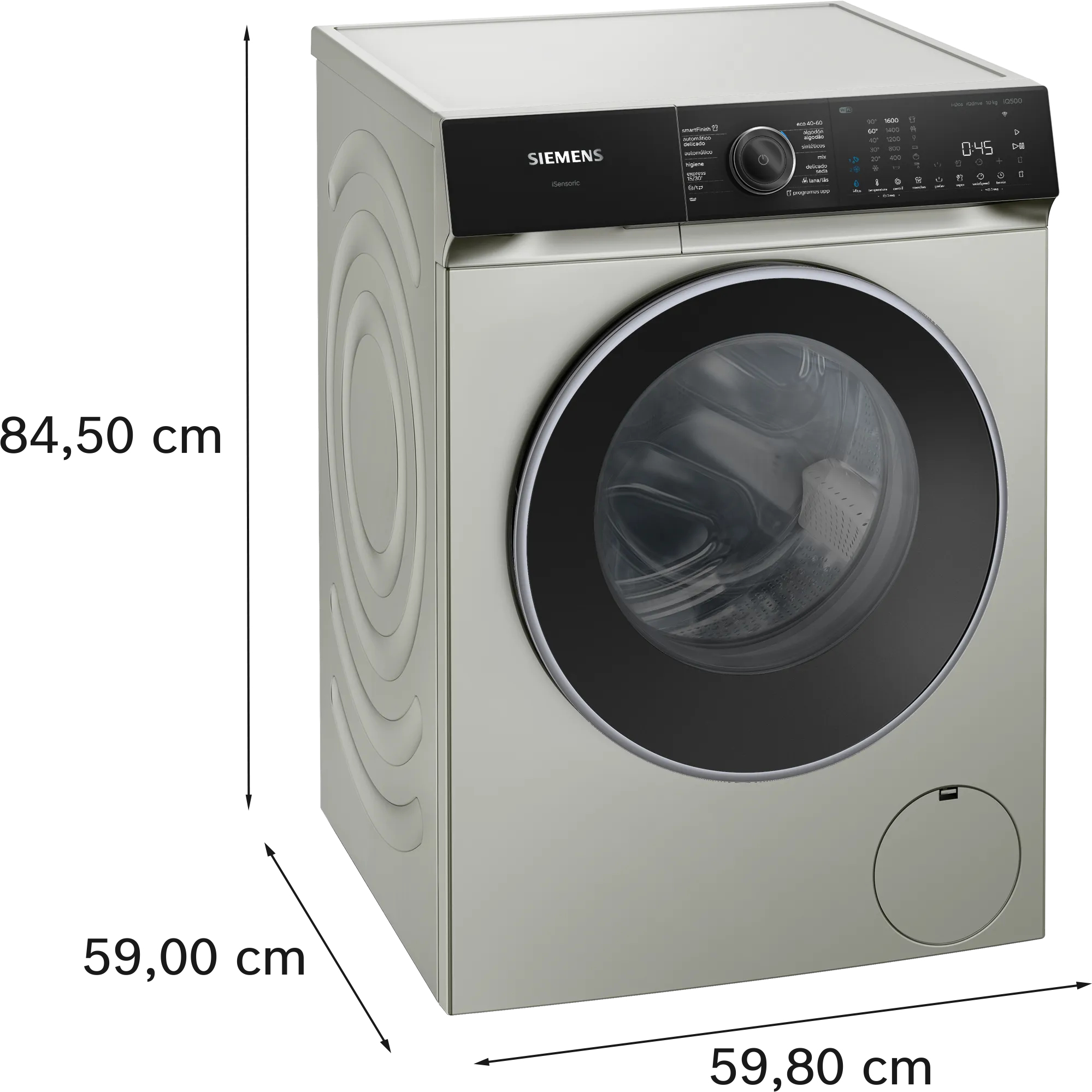 Lavadora Siemens plateada, con dimensiones. Tiene puerta y panel de control negros.