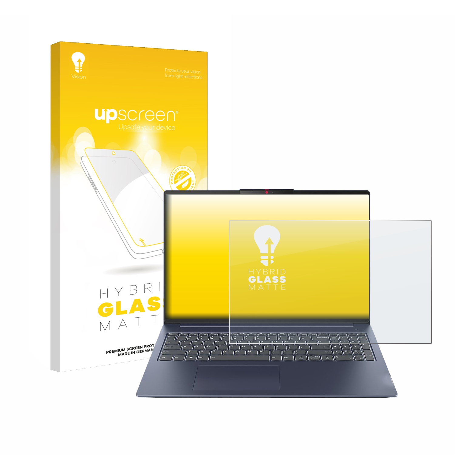 Laptop-Displayschutz mit Laptop. Auf der Box steht 'Hybrid Glass Matte'.