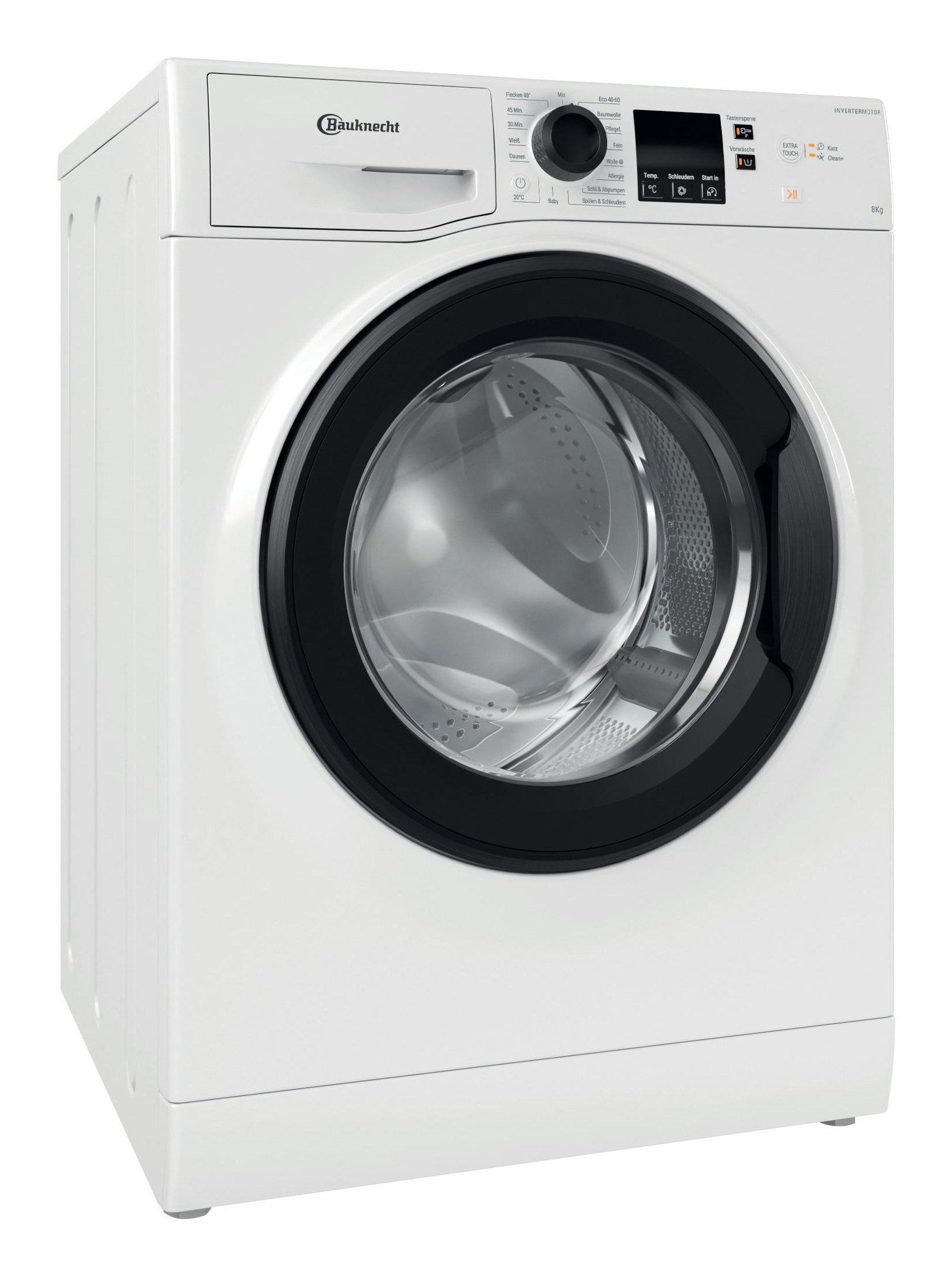 Weiße Waschmaschine, Vorderansicht. Geschlossene Tür, Bedienfeld. Schräge Aufnahme.