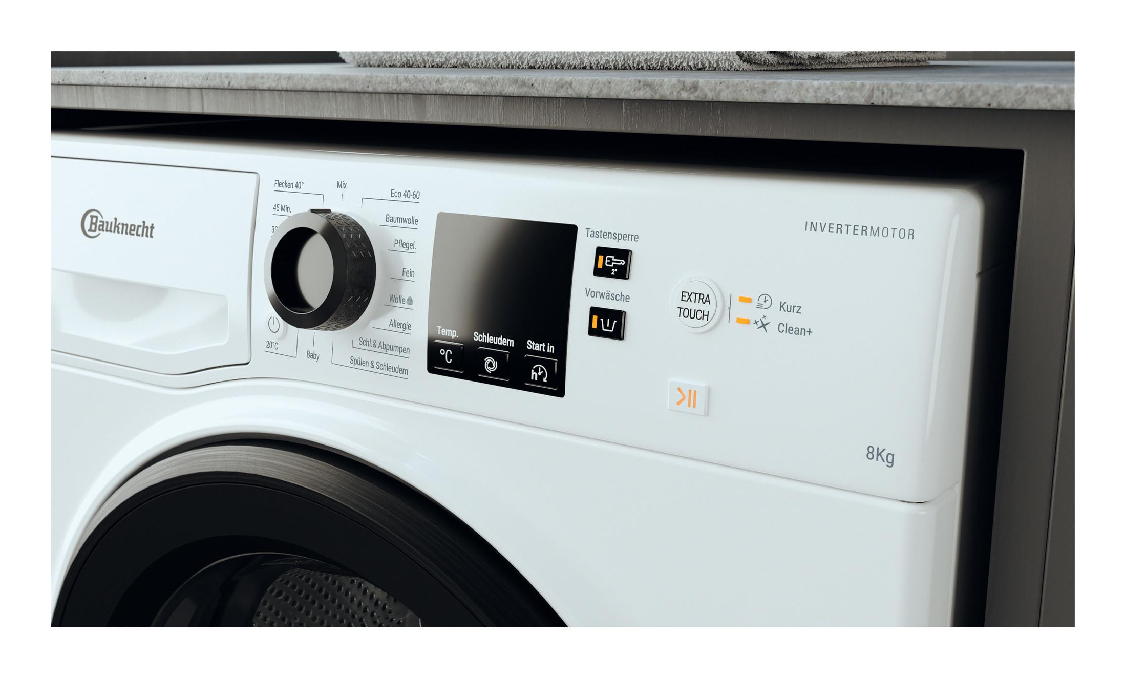Nahaufnahme des Bedienfelds einer Bauknecht Waschmaschine. Zeigt Einstellungen, Temperatur und Digitalanzeige.