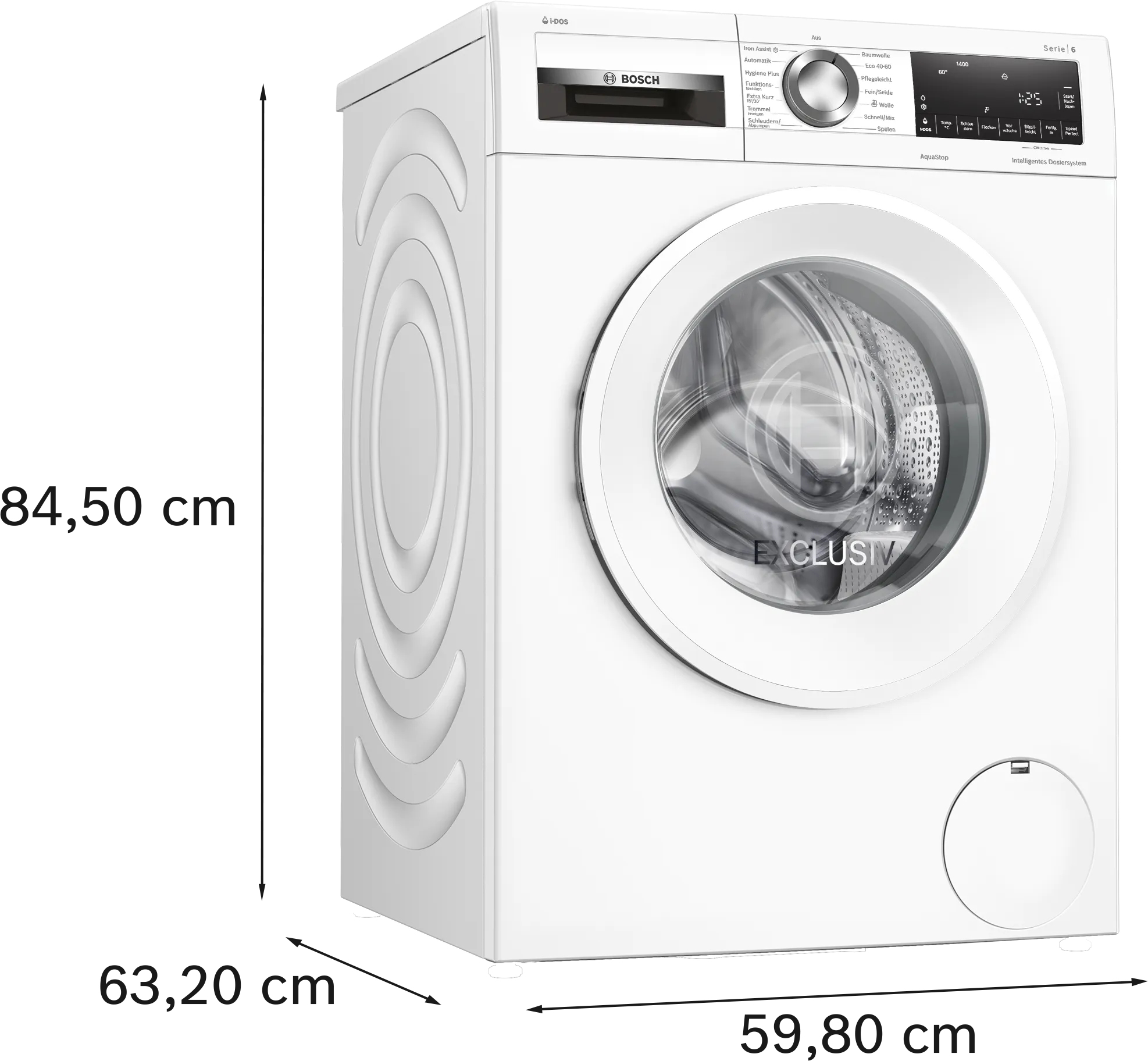 Weiße Bosch Waschmaschine mit Maßangaben. Die Tür ist rund, das Bedienfeld schwarz.