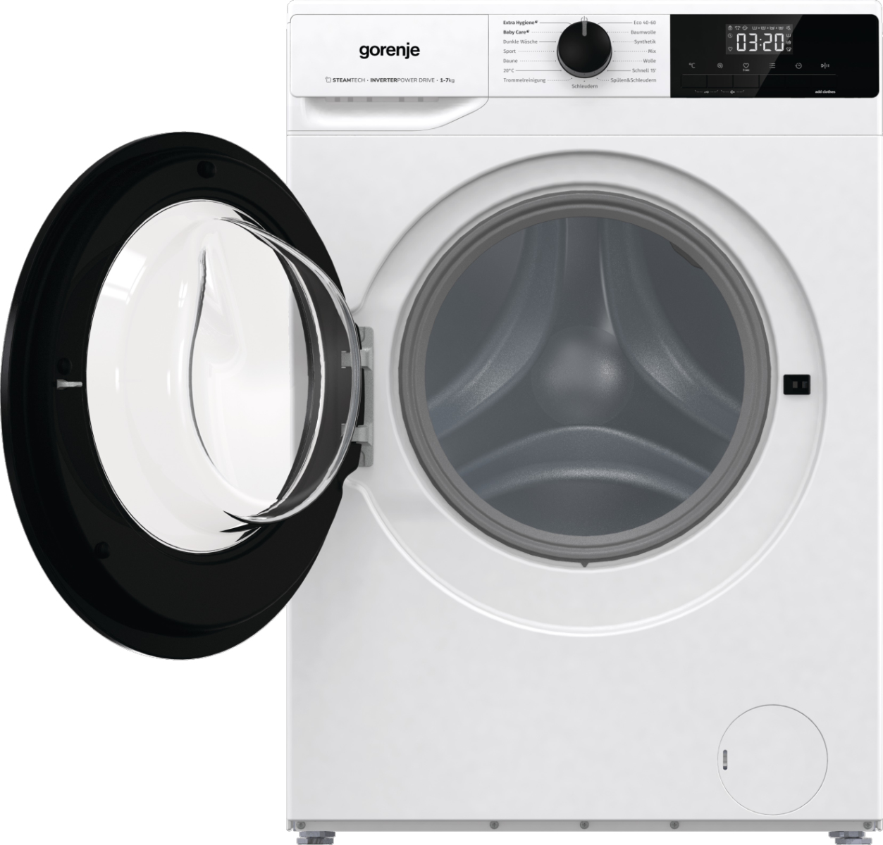 Weiße Gorenje Waschmaschine, mit offener Tür, zeigt Innenraum und Bedienfeld.