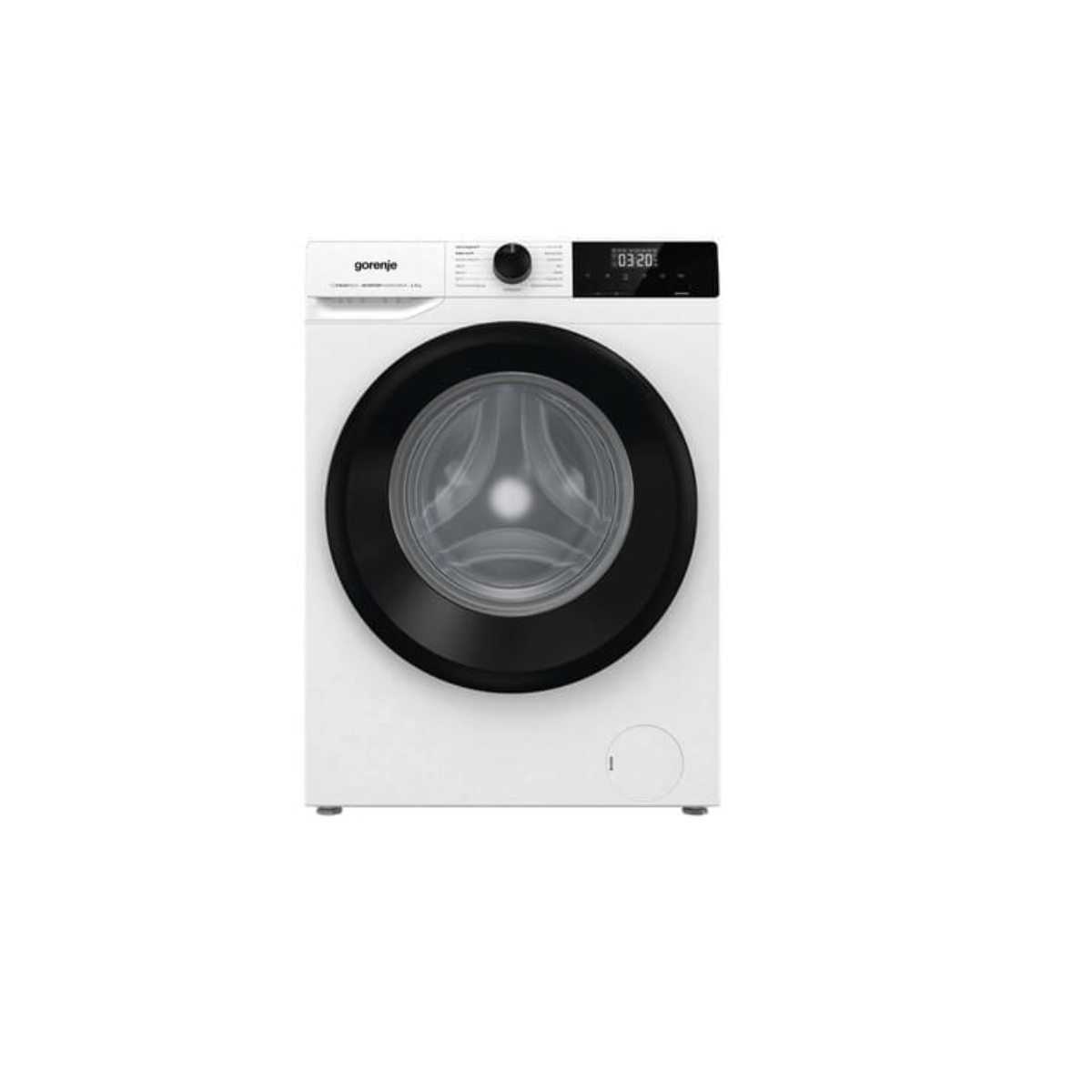 Vorderansicht einer weißen Gorenje Waschmaschine mit schwarzer Tür und Bedienfeld.
