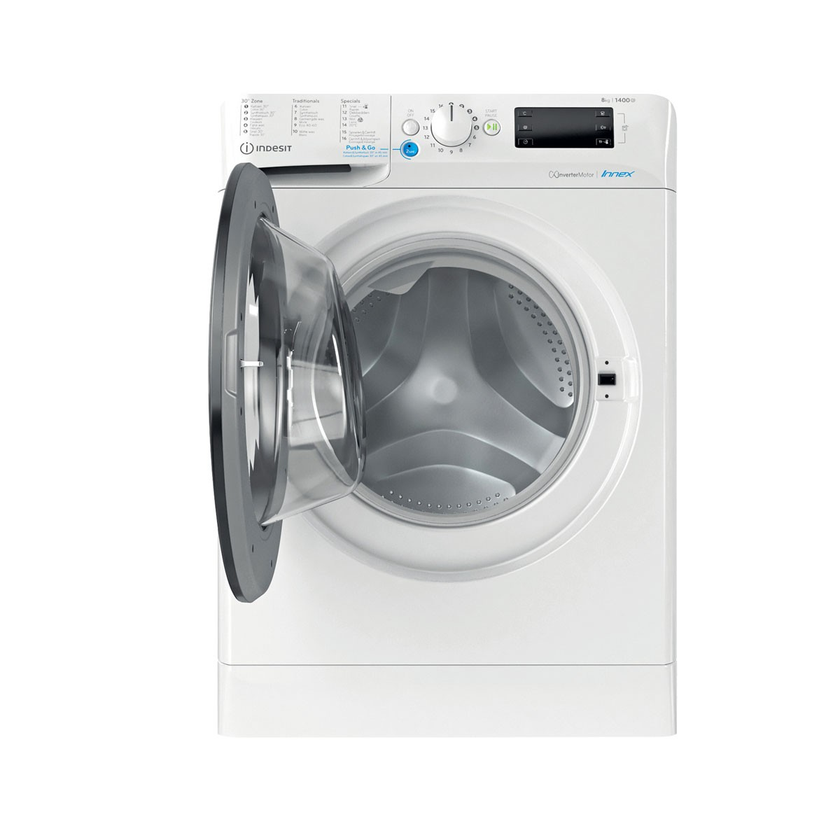 Witte Indesit wasmachine met open deur. Met heldere deur en bedieningspaneel.