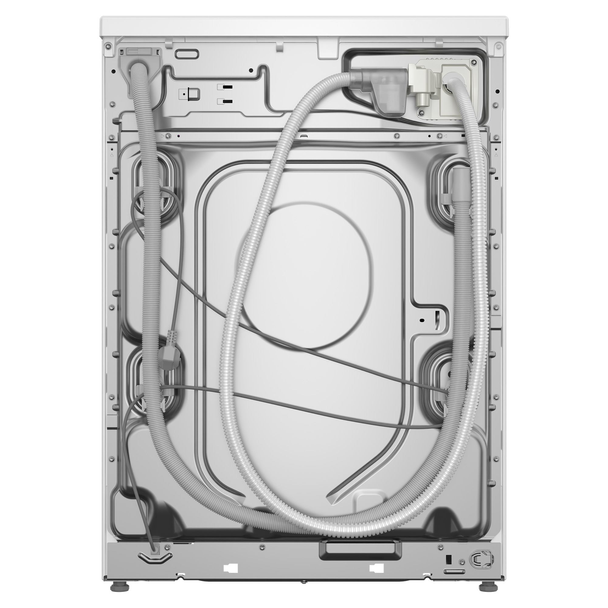 Widok z tyłu białej pralki, pokazujący węże i elementy wewnętrzne.