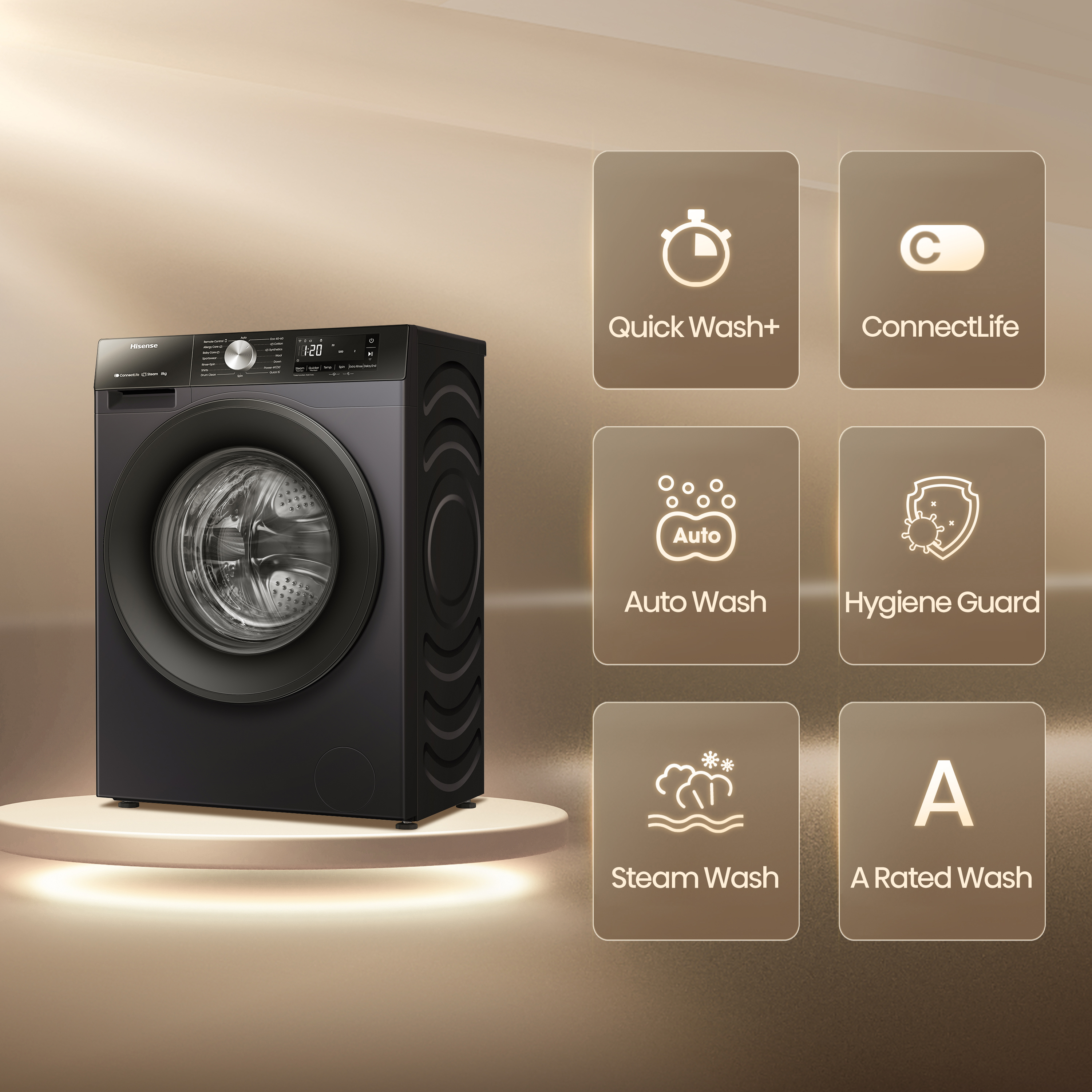 Una lavatrice Hisense nera mostra caratteristiche come Quick Wash+, Auto Wash e Steam Wash.
