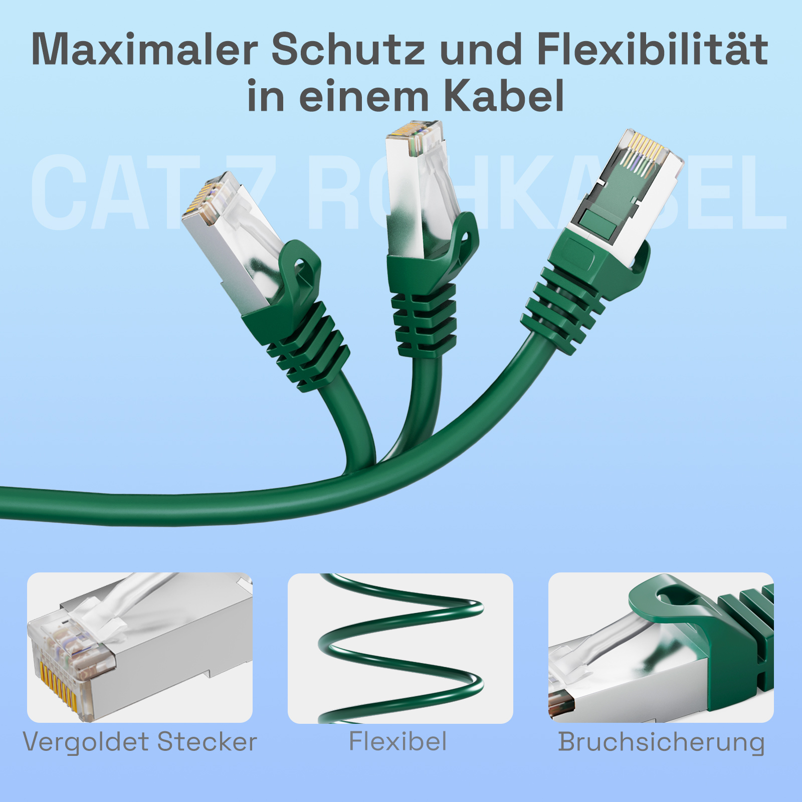 Drei grüne Ethernet-Kabel, die die Anschlüsse und das Kabel selbst zeigen.